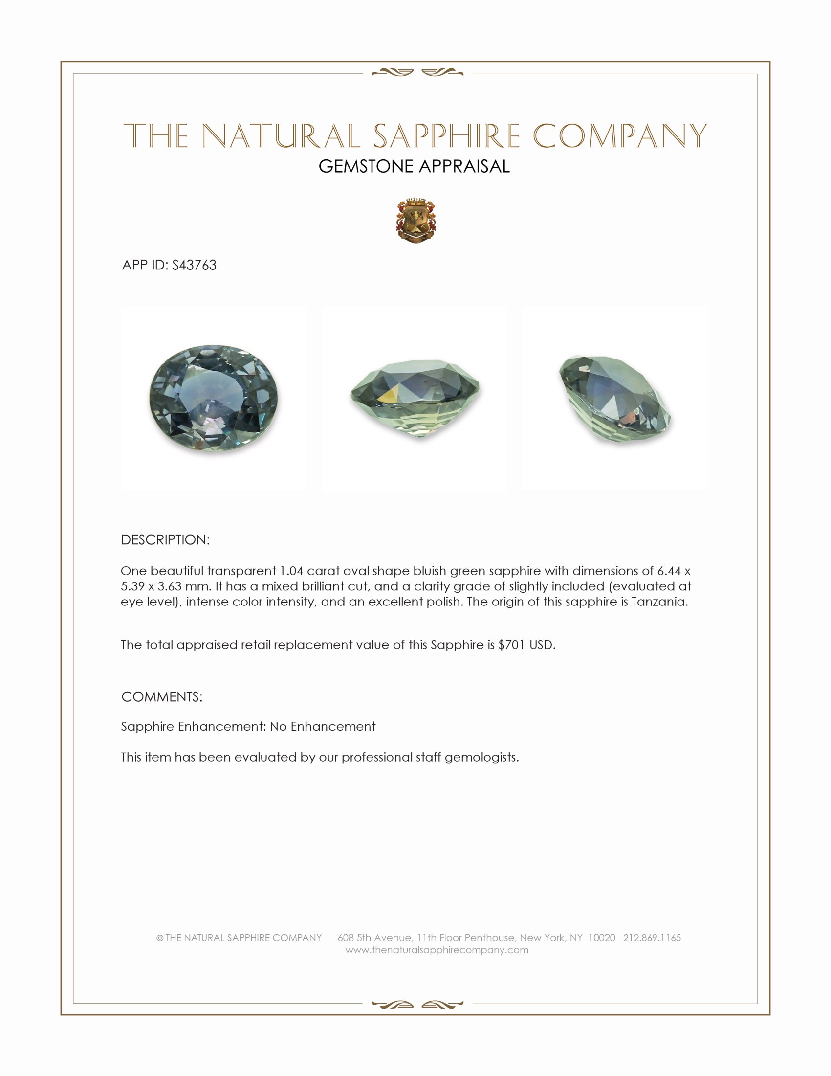 1.04 Ct. Bluish Green Sapphire from Tanzania