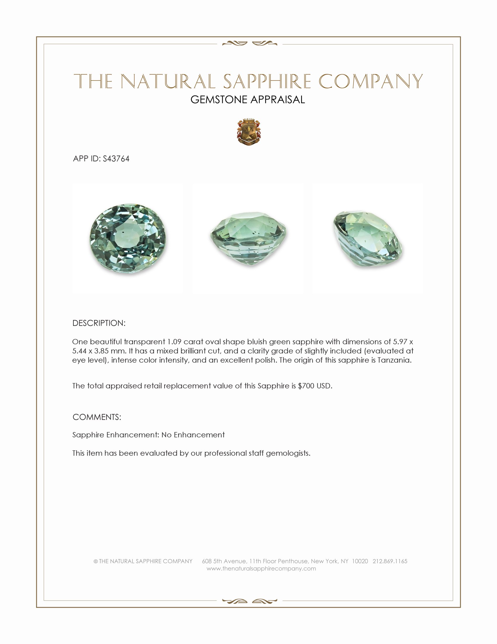 1.09 Ct. Bluish Green Sapphire from Tanzania