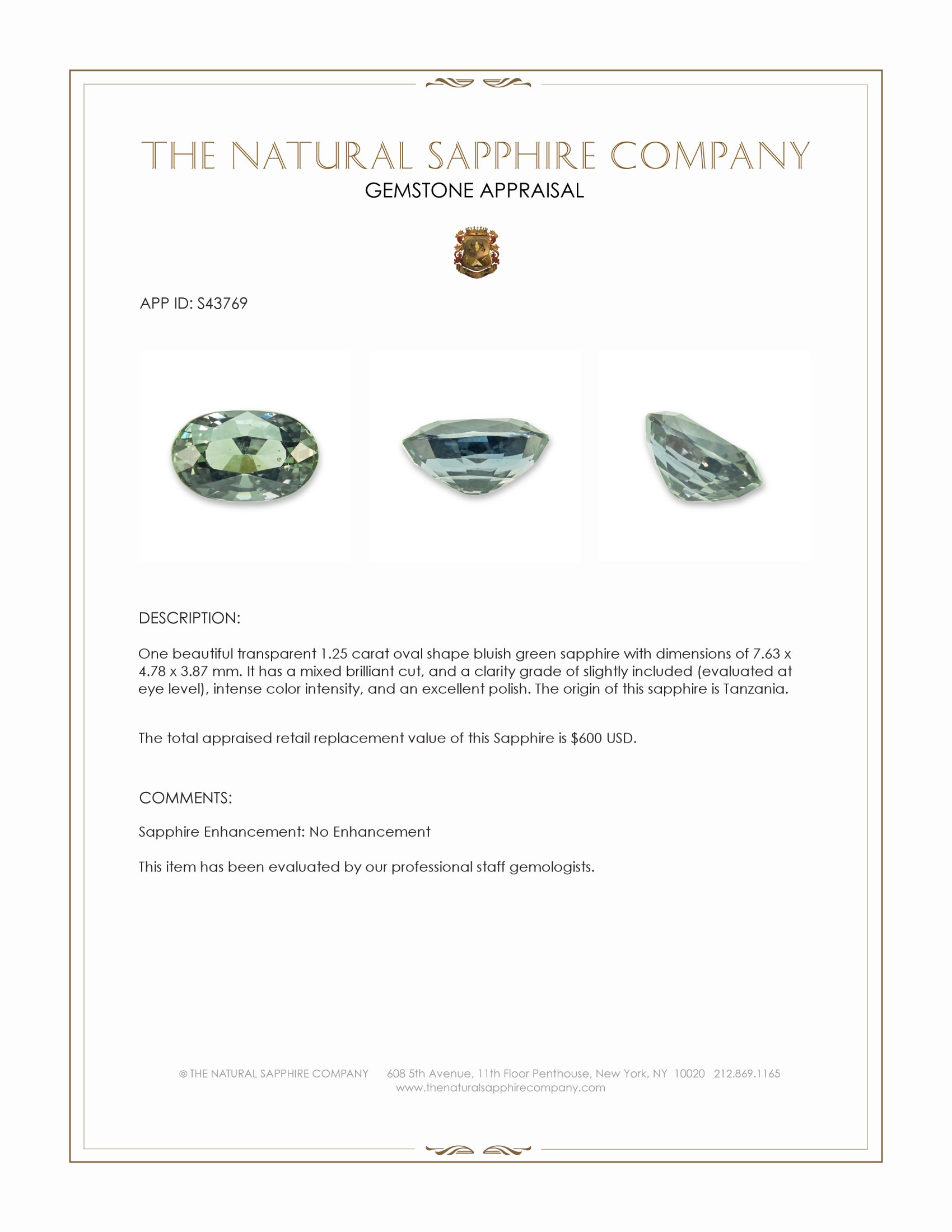 1.25 Ct. Bluish Green Sapphire from Tanzania