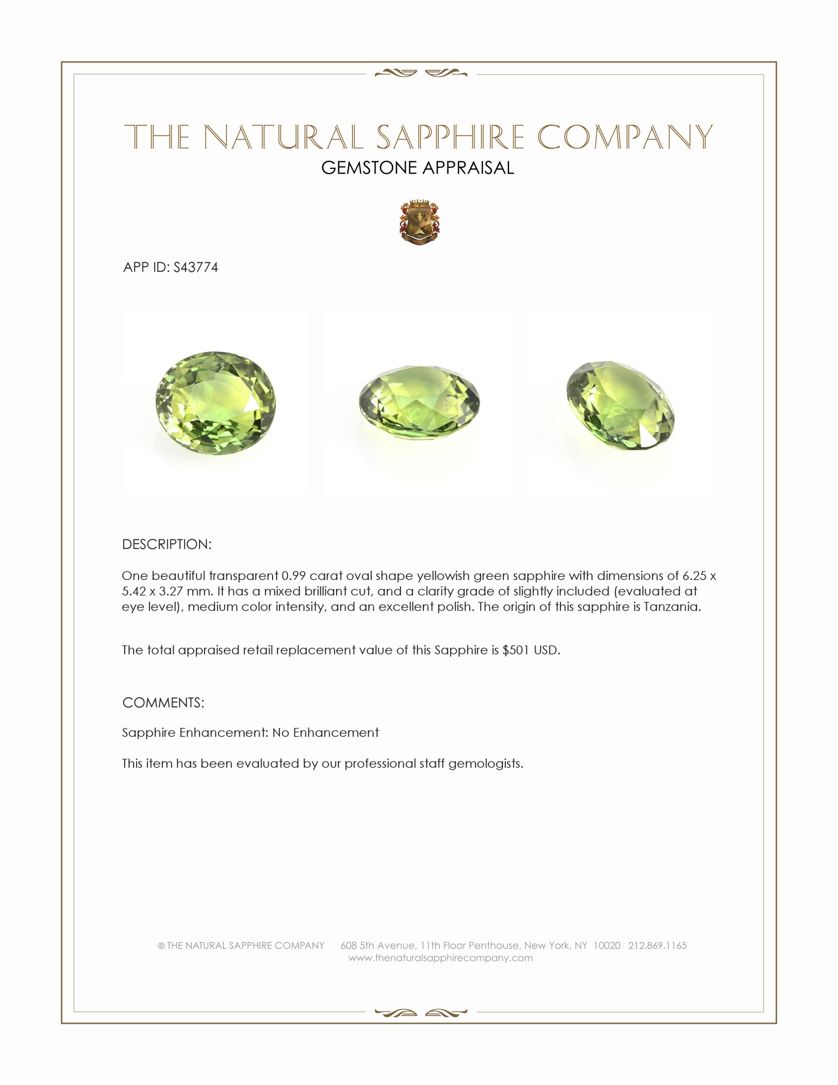 0.99 Ct. Yellowish Green Sapphire from Tanzania