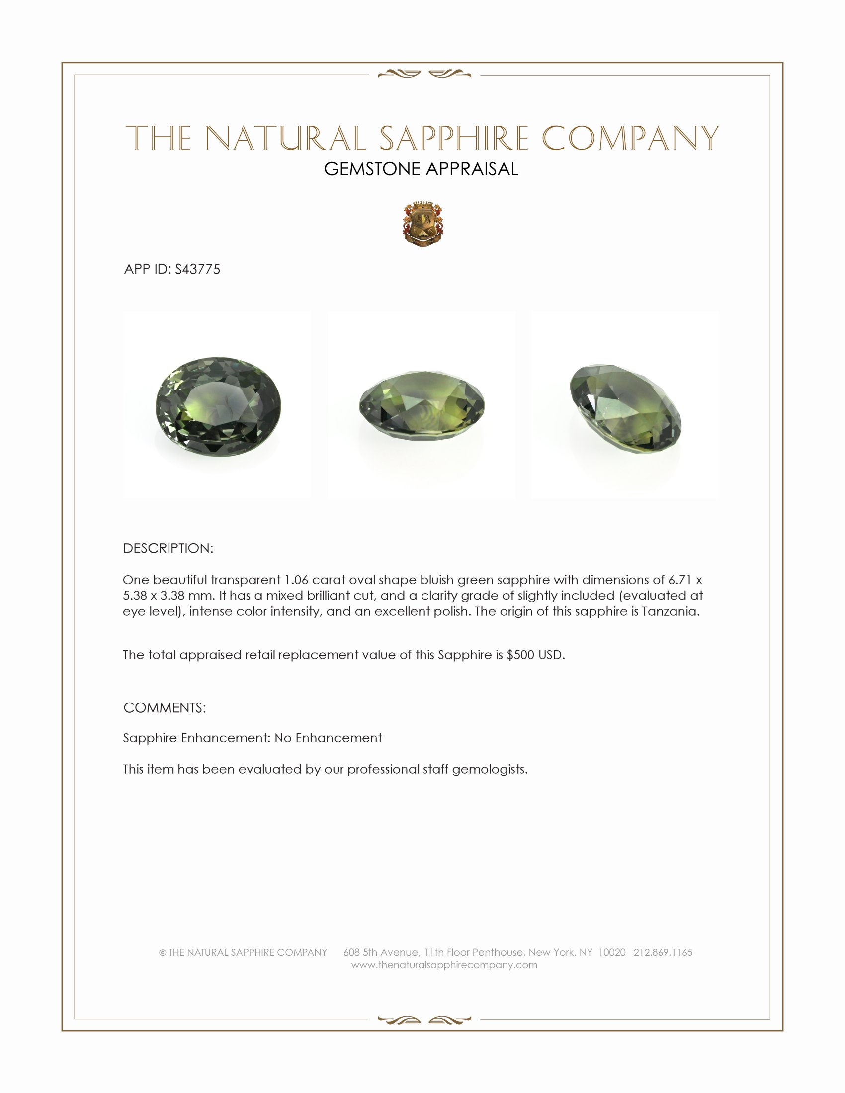 1.06 Ct. Bluish Green Sapphire from Tanzania