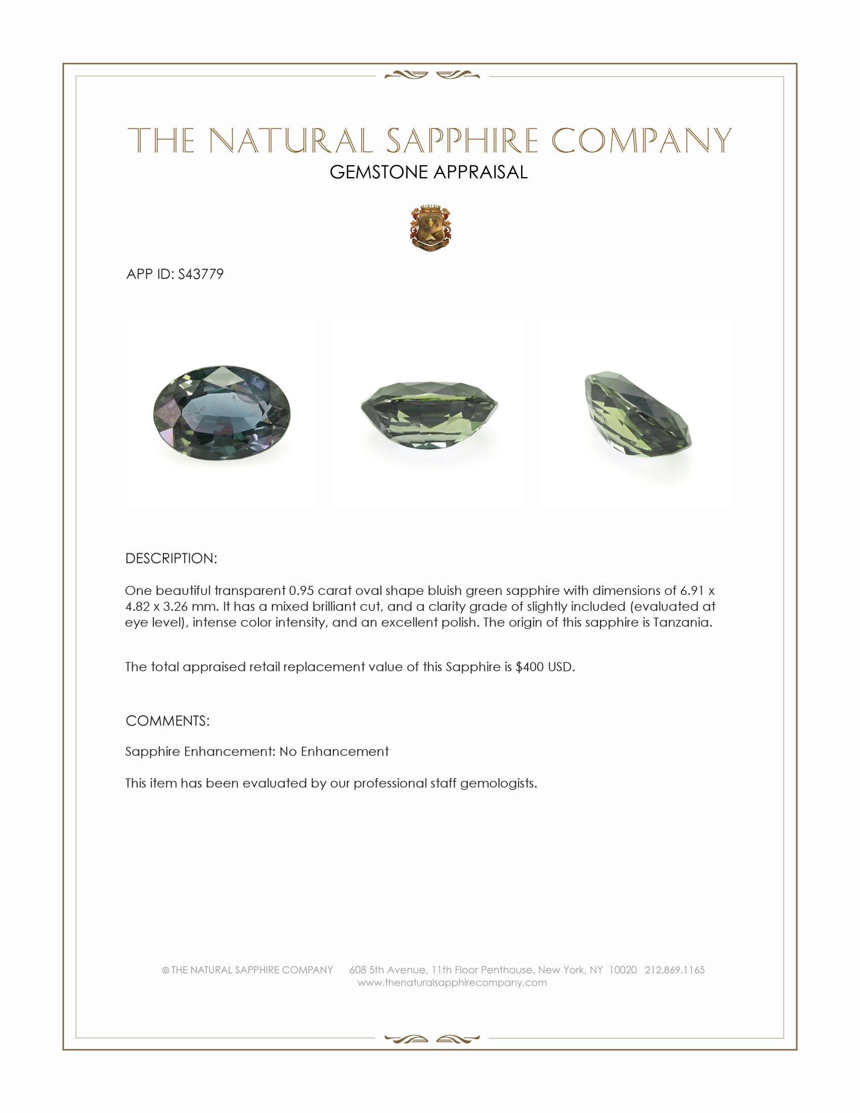 0.95 Ct. Bluish Green Sapphire from Tanzania