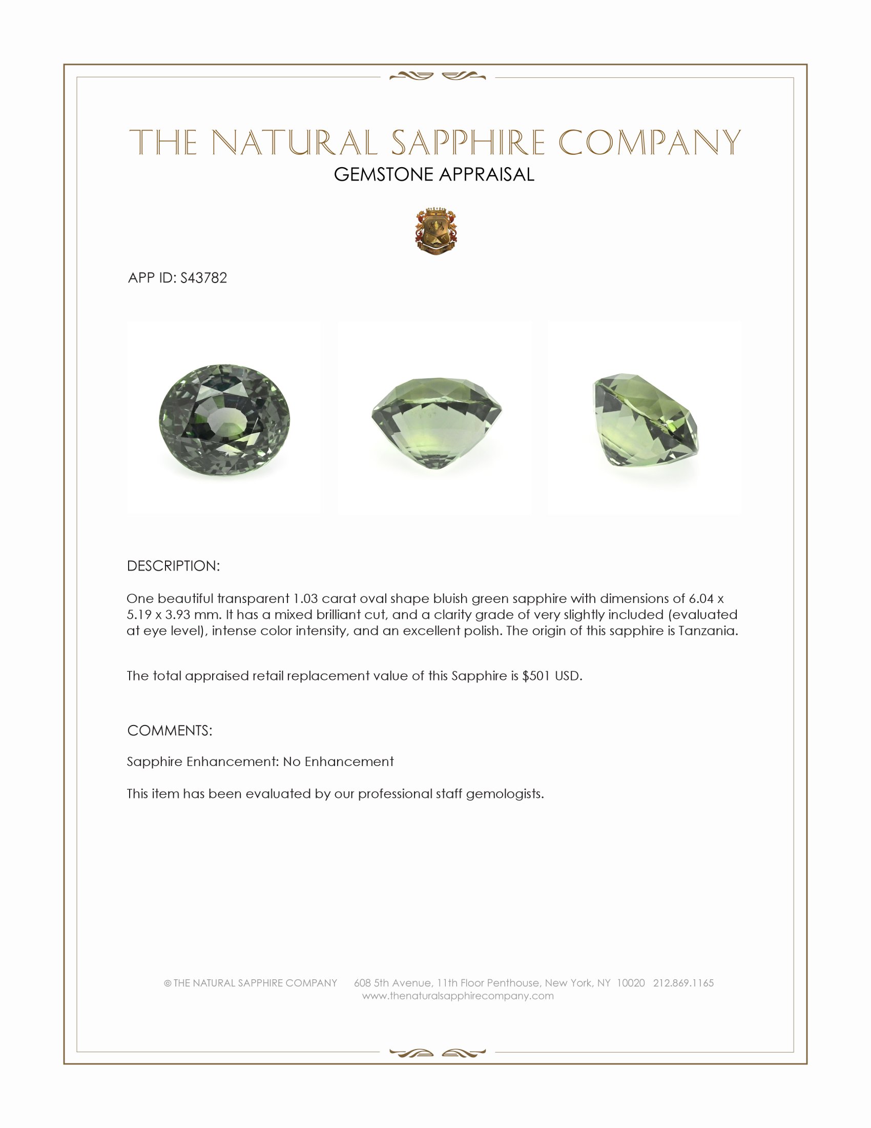1.03 Ct. Bluish Green Sapphire from Tanzania