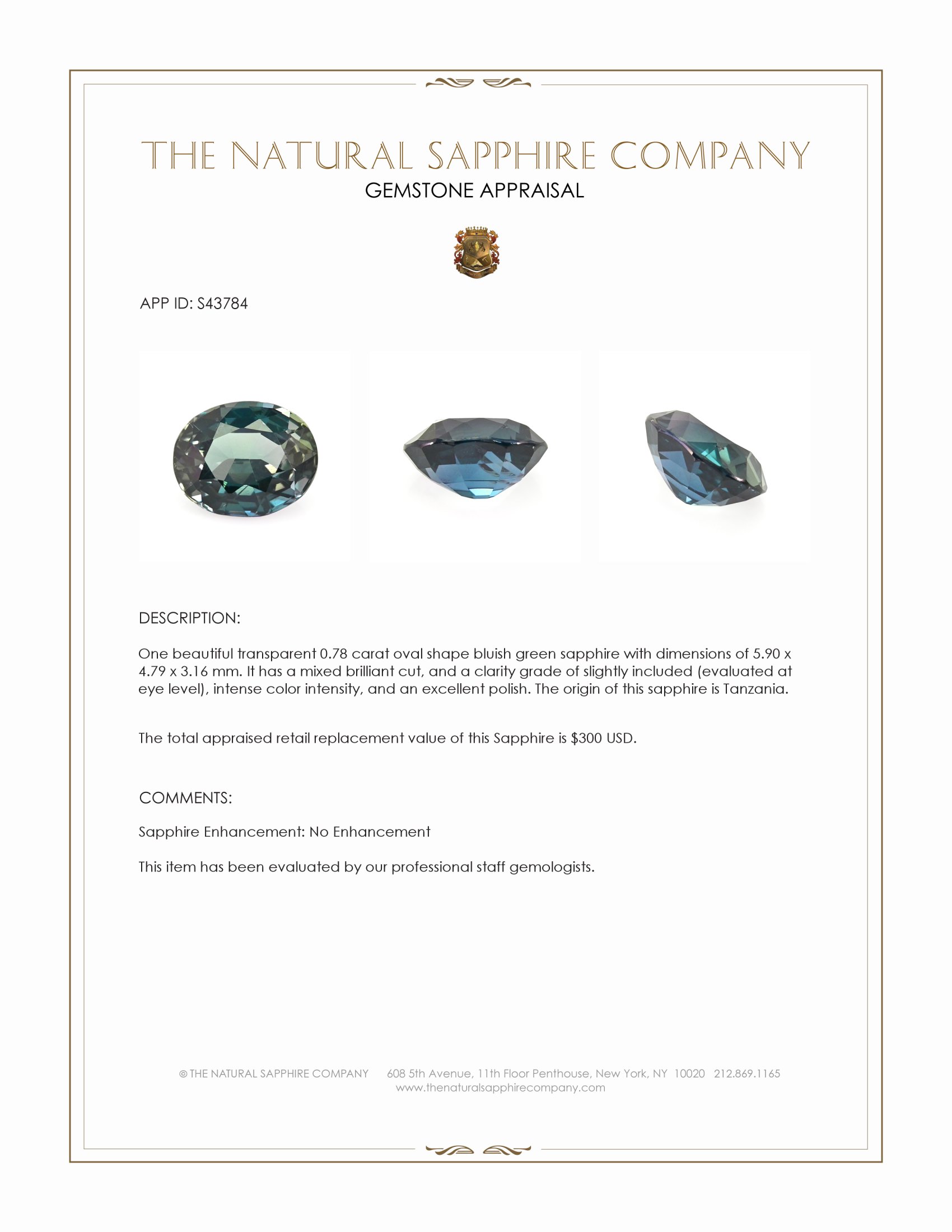 0.78 Ct. Bluish Green Sapphire from Tanzania