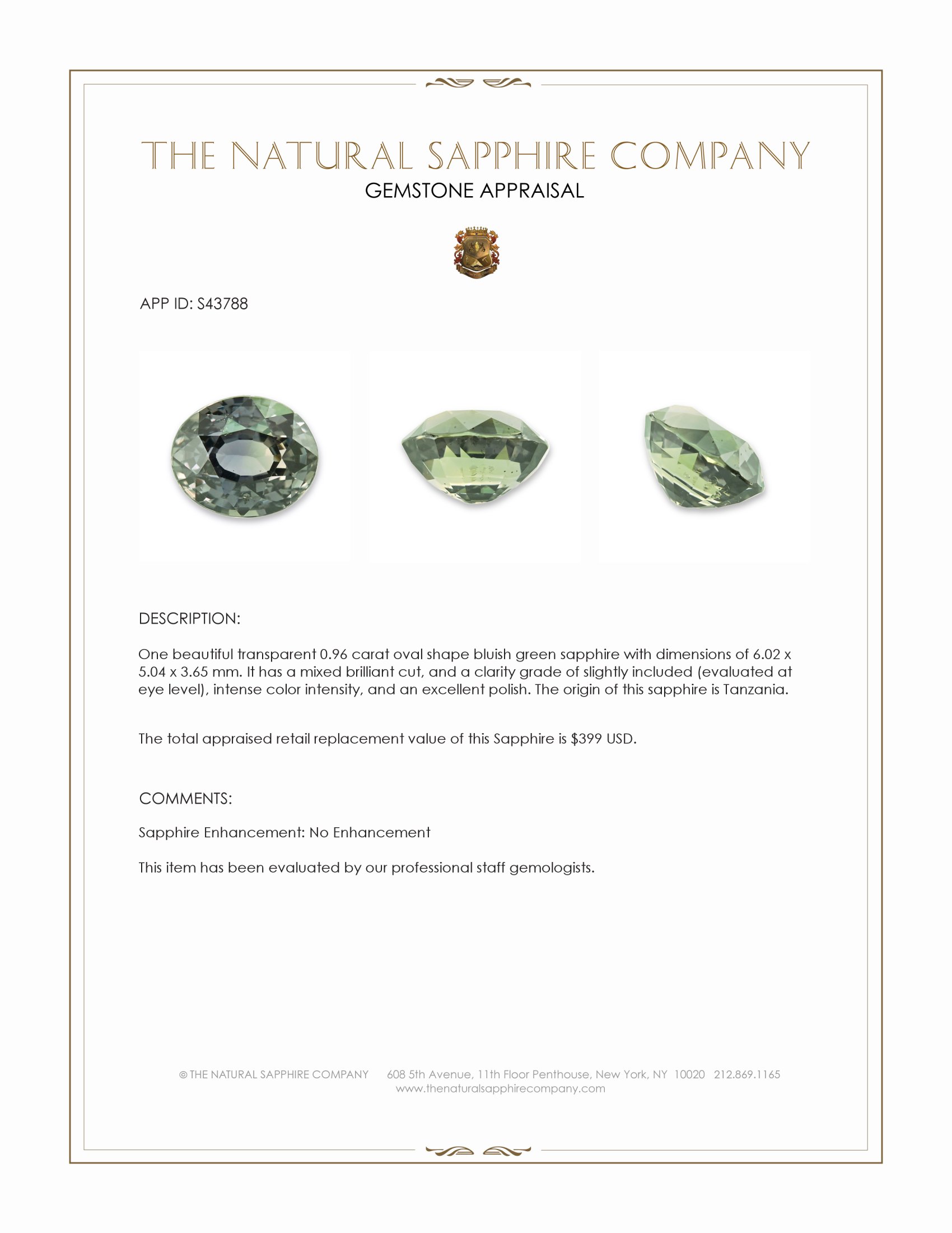 0.96 Ct. Bluish Green Sapphire from Tanzania