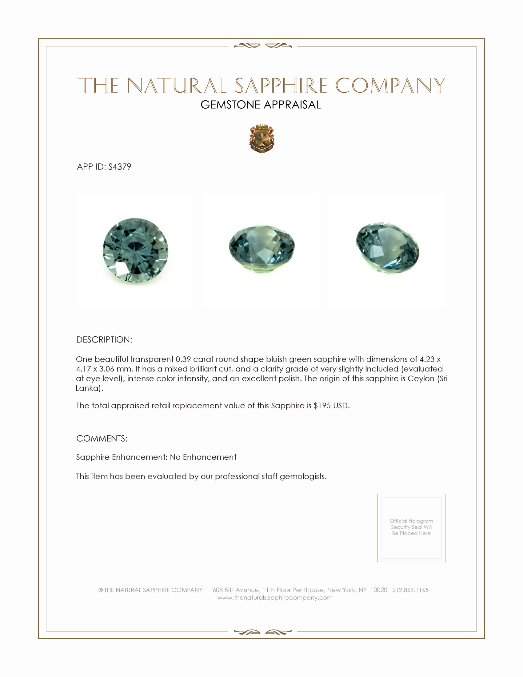 0.39 Ct. Bluish Green Sapphire from Ceylon (Sri Lanka)