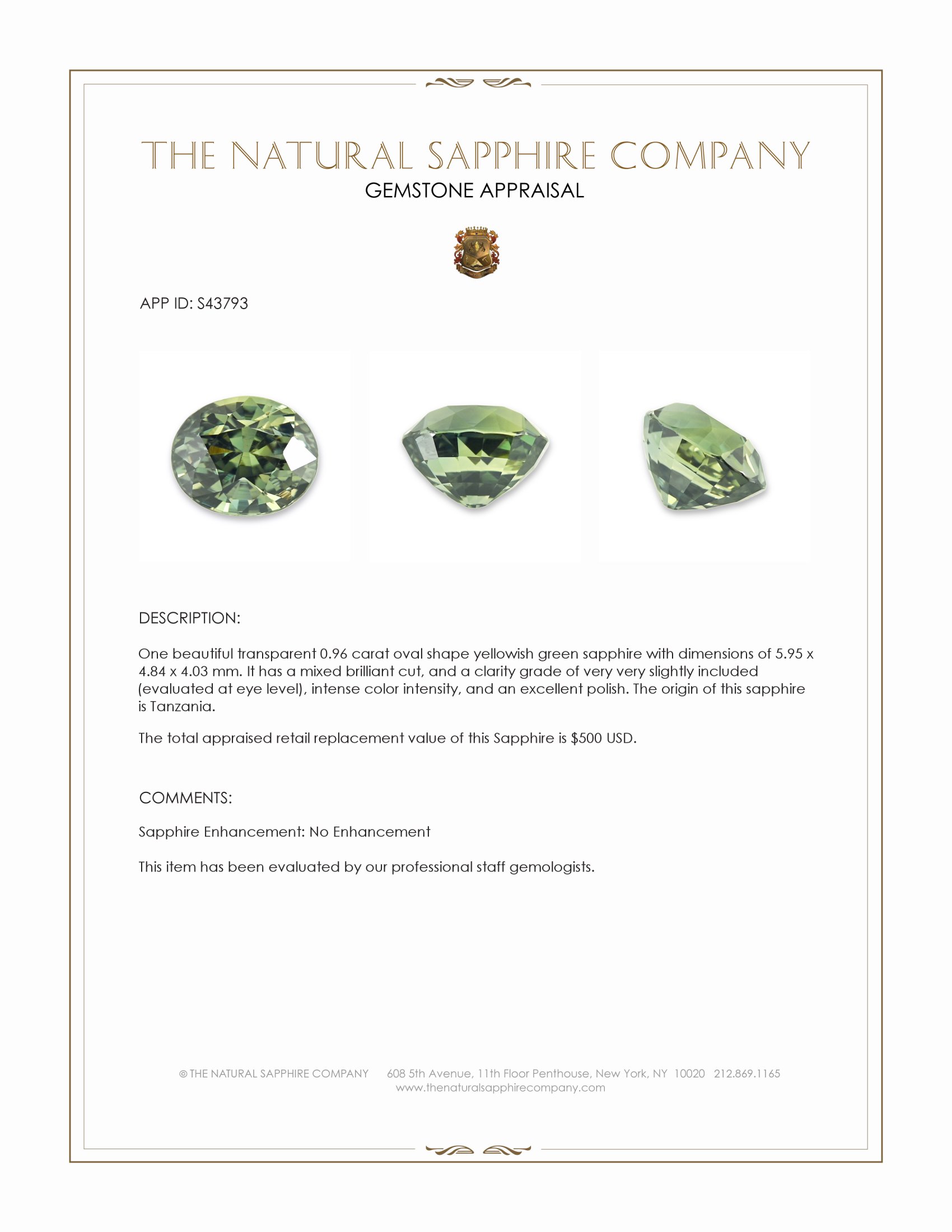 0.96 Ct. Yellowish Green Sapphire from Tanzania