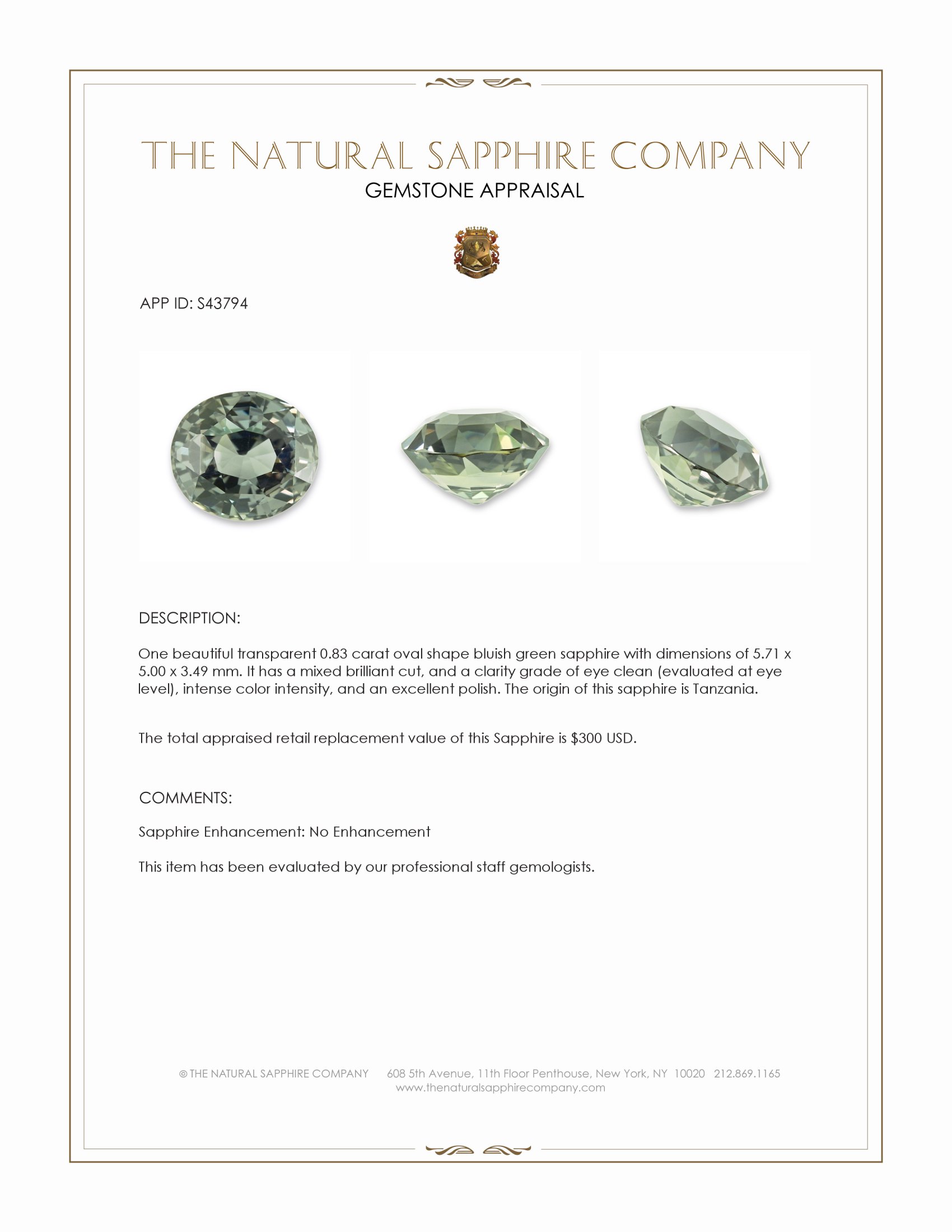 0.83 Ct. Bluish Green Sapphire from Tanzania