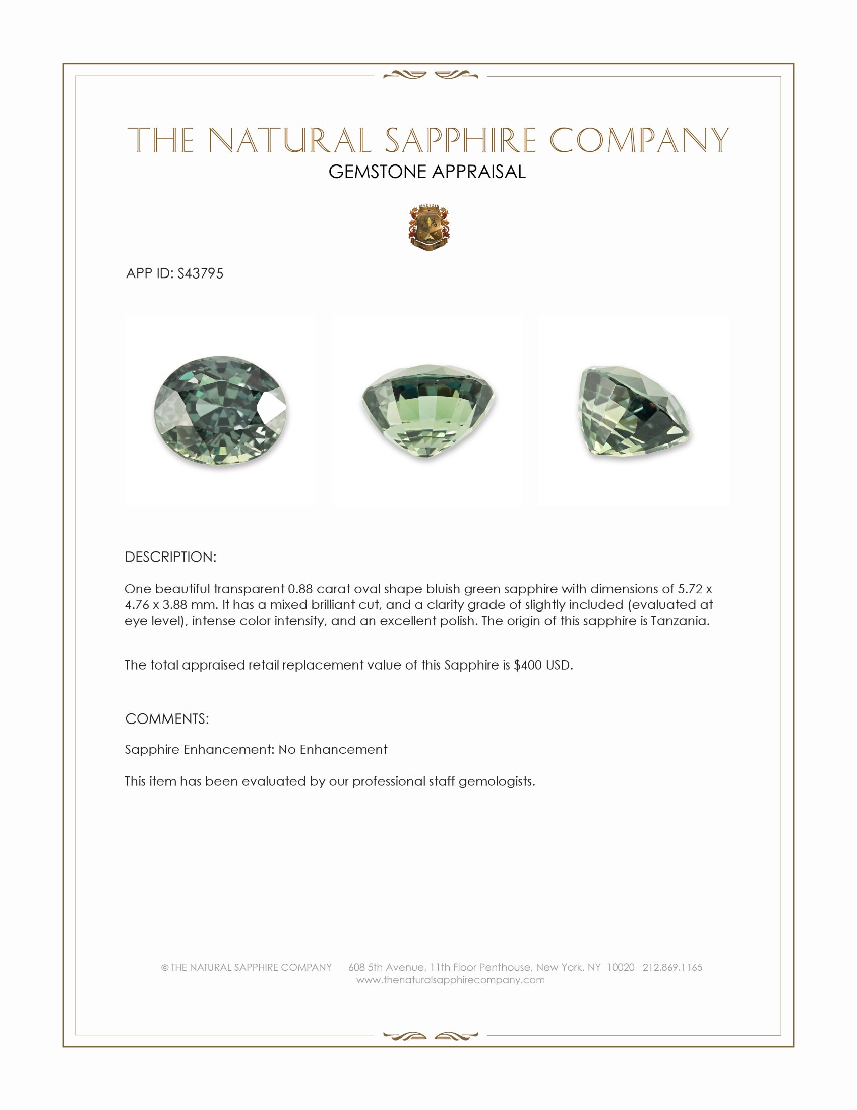 0.88 Ct. Bluish Green Sapphire from Tanzania