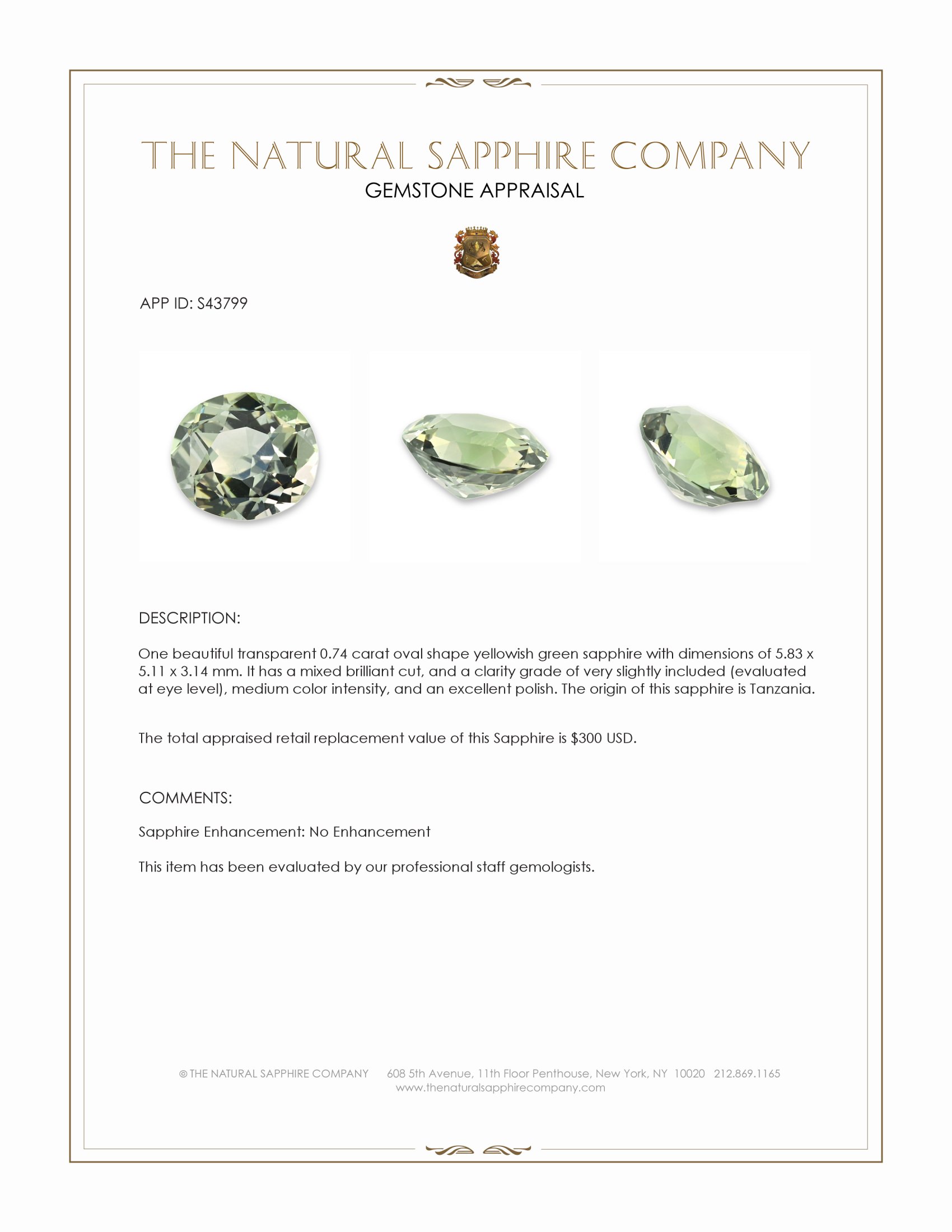 0.74 Ct. Yellowish Green Sapphire from Tanzania