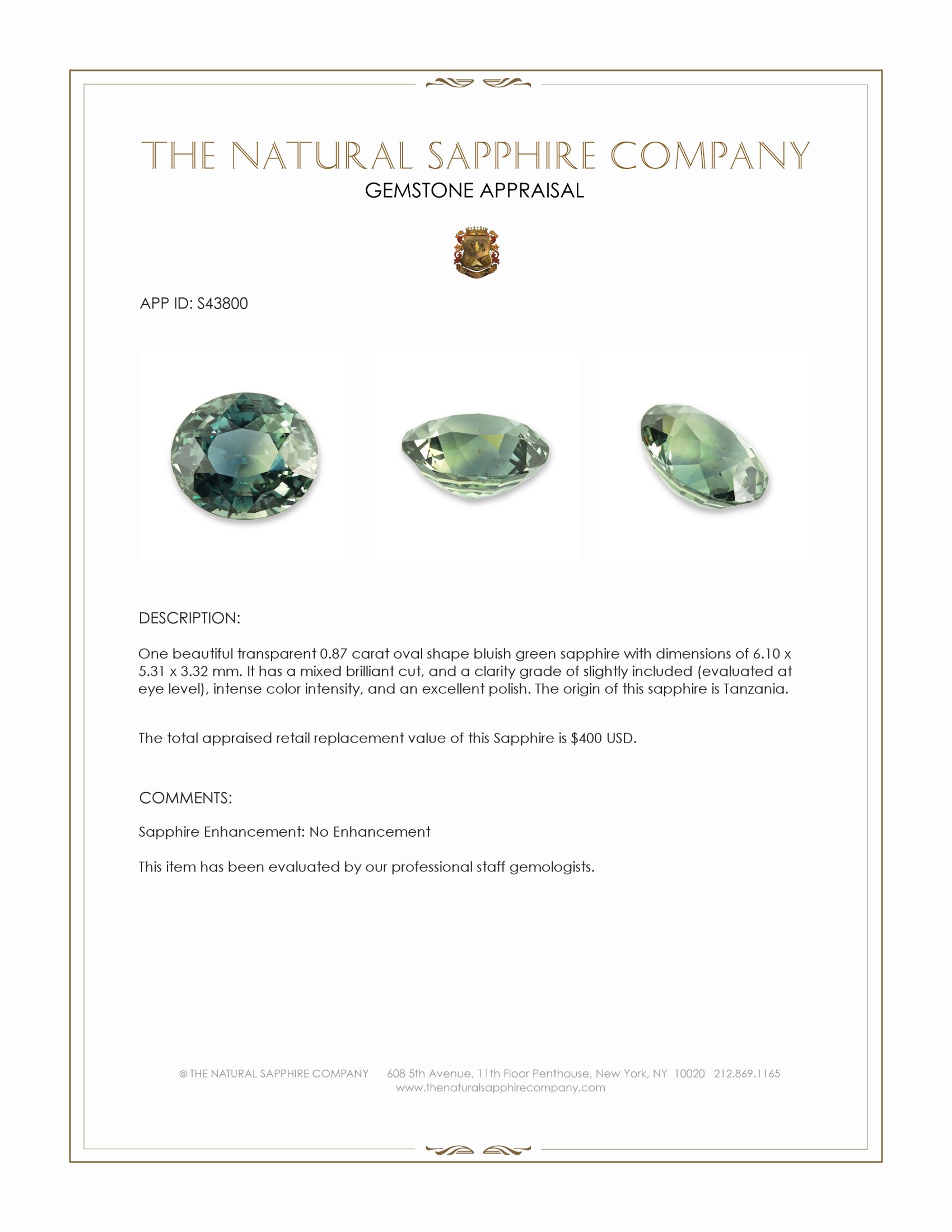 0.87 Ct. Bluish Green Sapphire from Tanzania