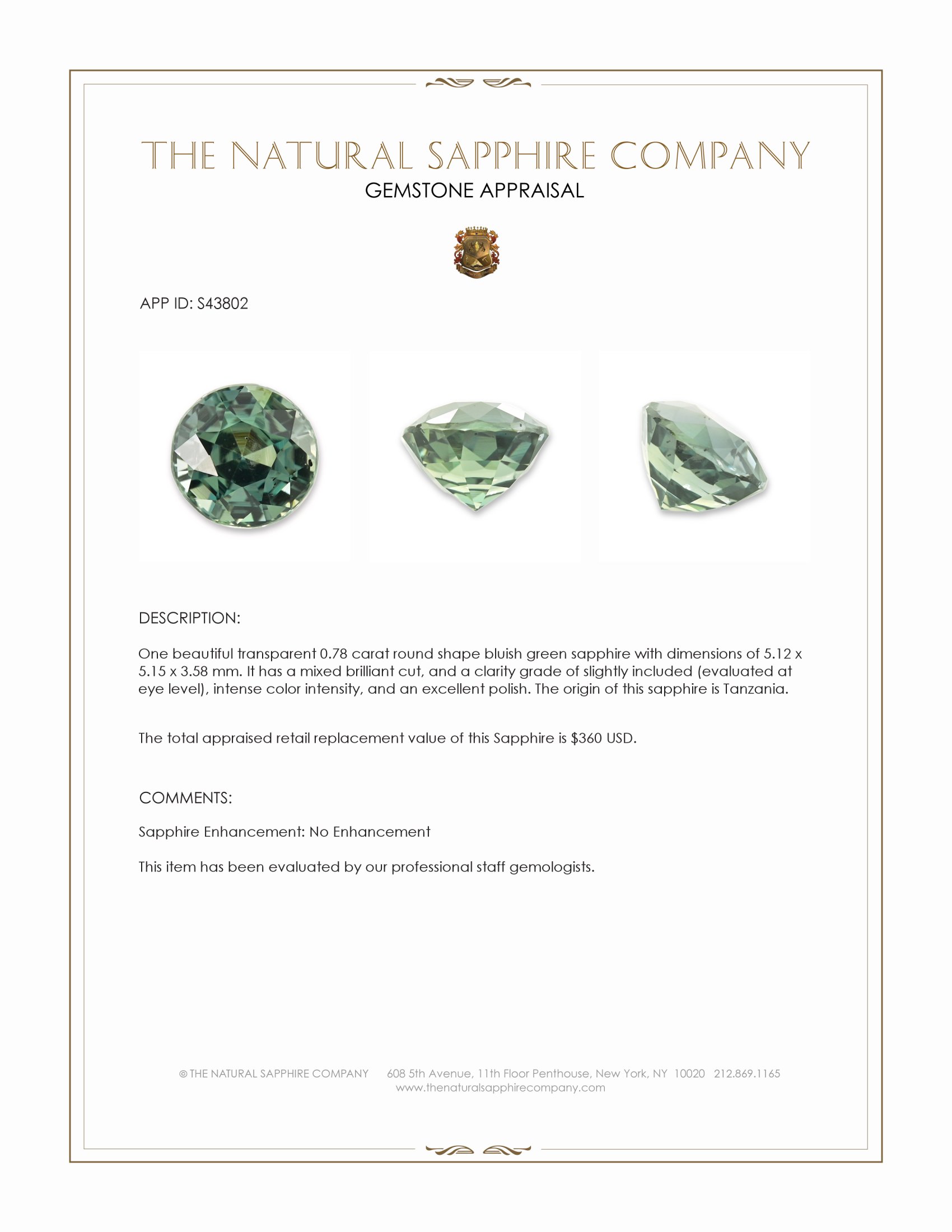 0.78 Ct. Bluish Green Sapphire from Tanzania