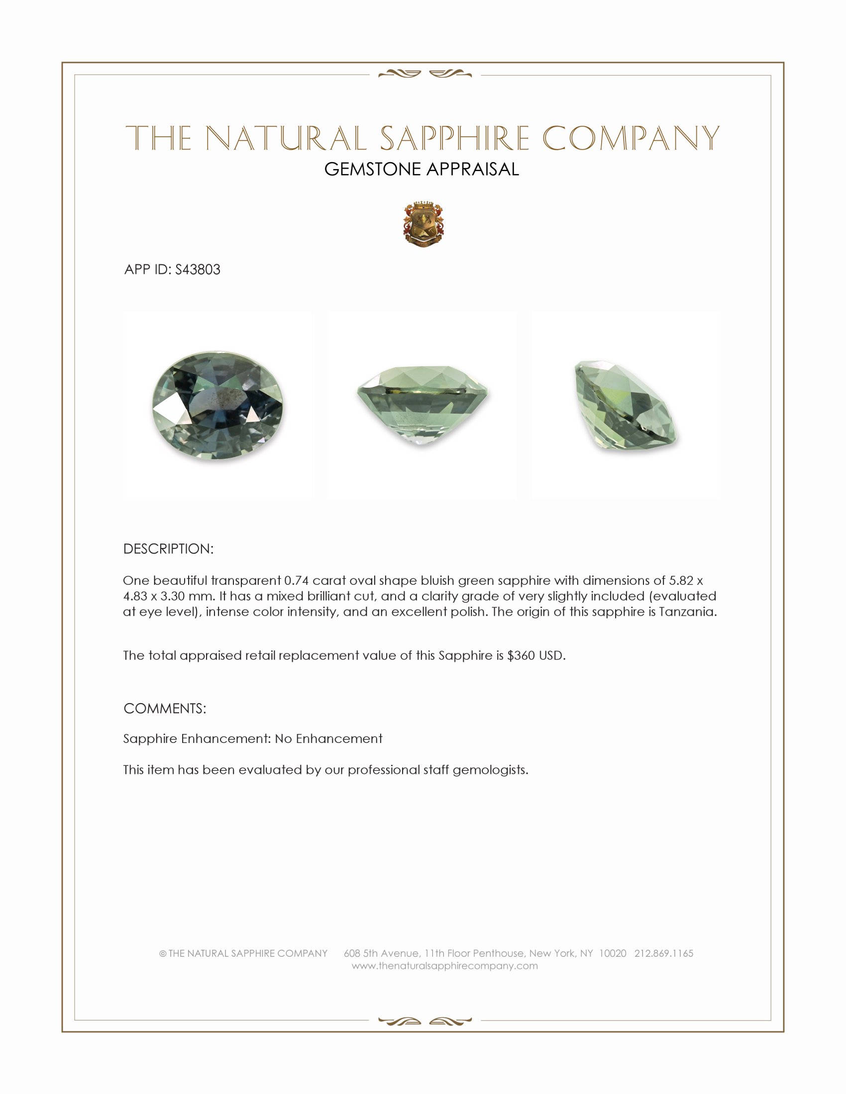0.74 Ct. Bluish Green Sapphire from Tanzania
