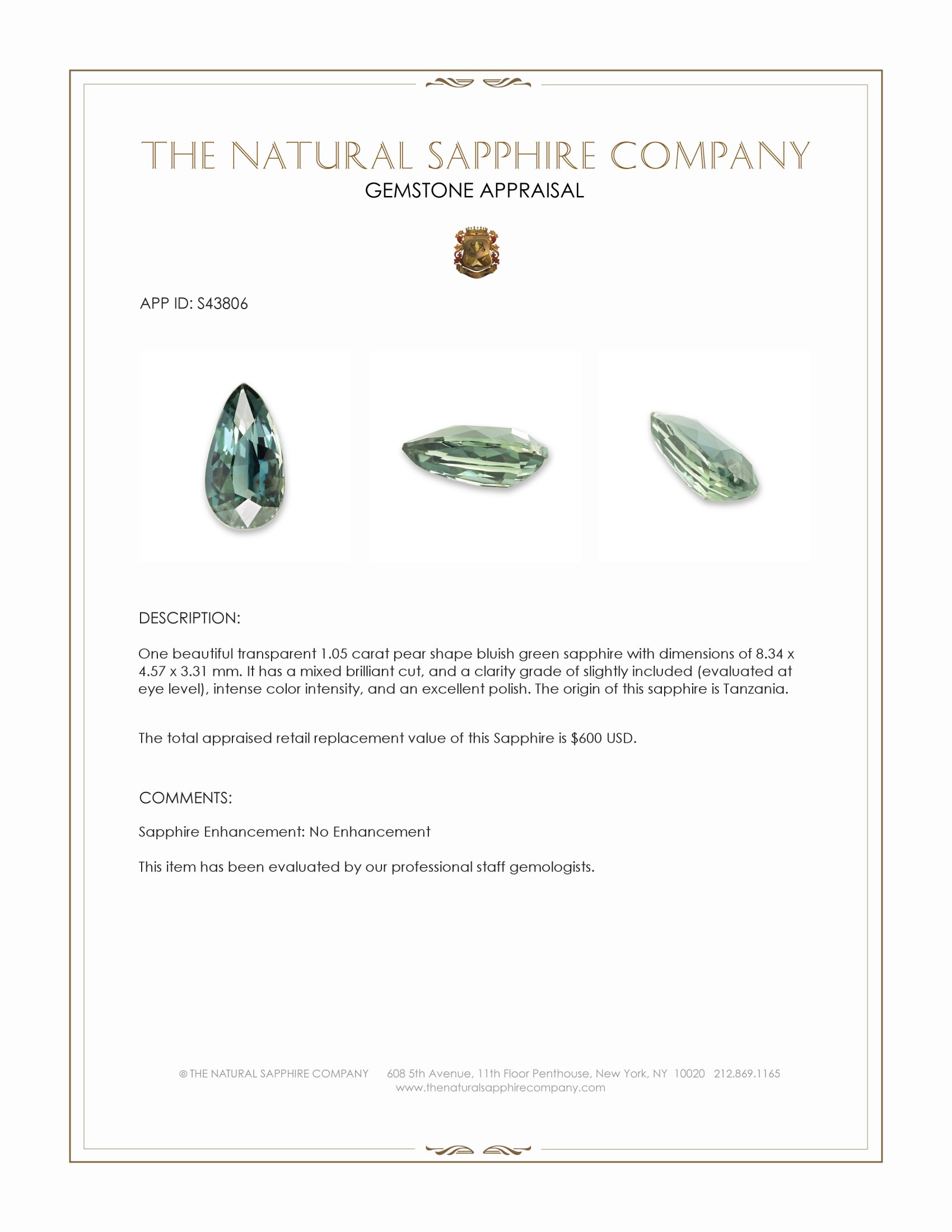 1.05 Ct. Bluish Green Sapphire from Tanzania