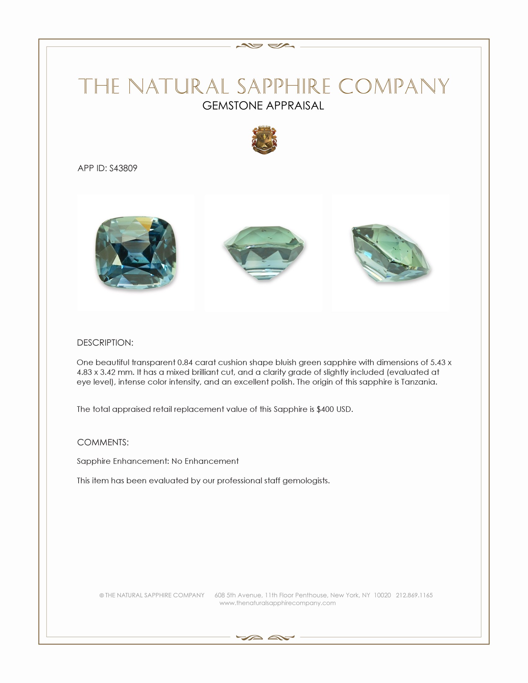 0.84 Ct. Bluish Green Sapphire from Tanzania