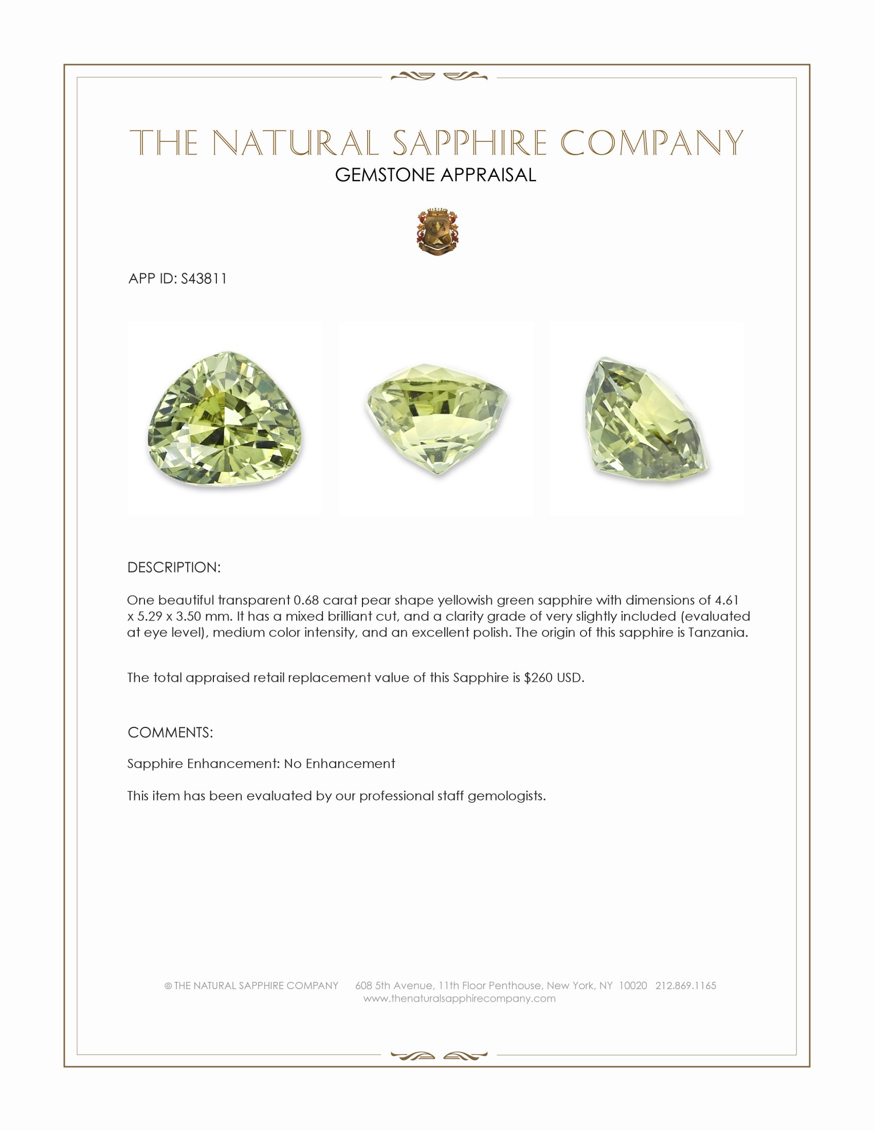 0.68 Ct. Yellowish Green Sapphire from Tanzania
