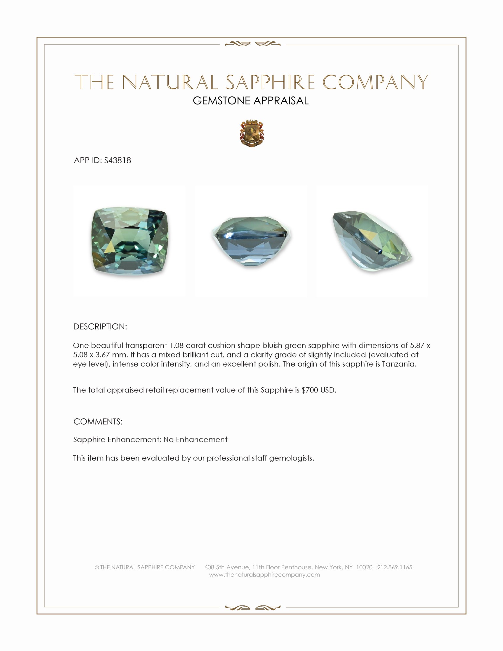 1.08 Ct. Bluish Green Sapphire from Tanzania