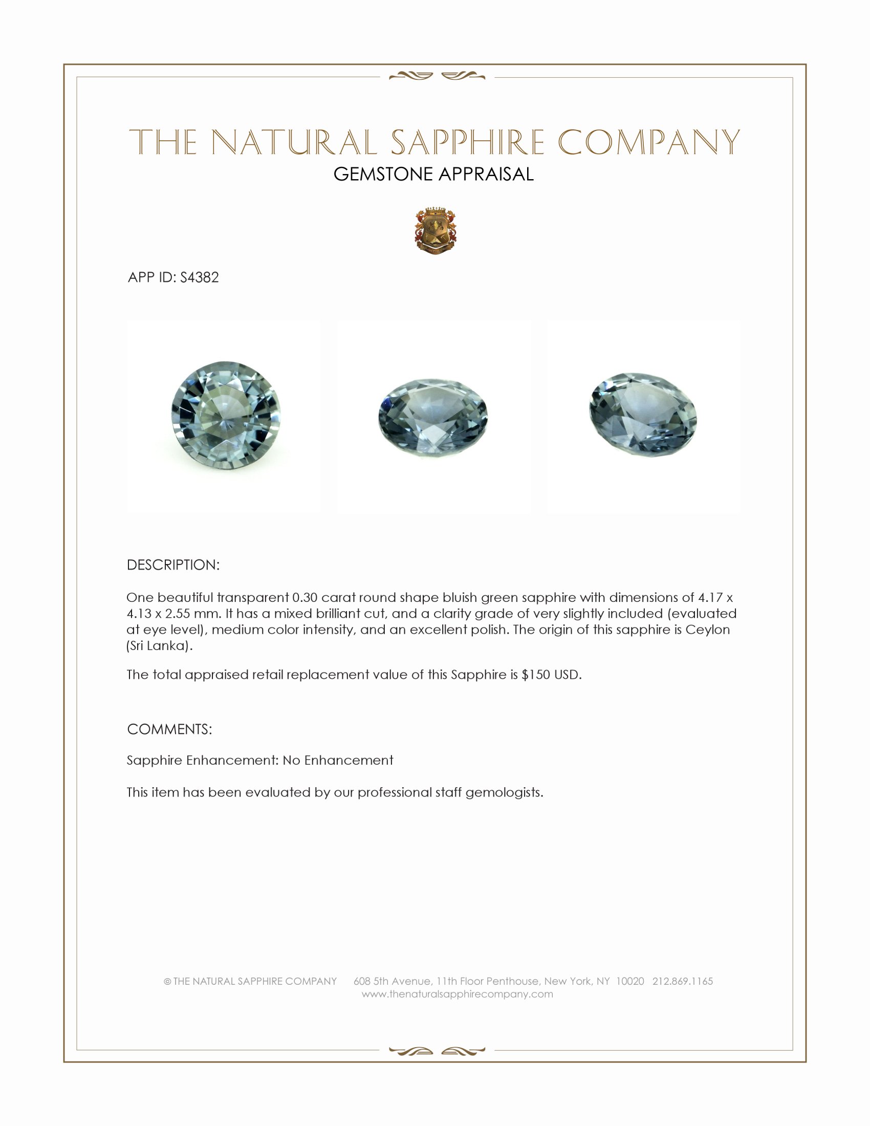 0.30 Ct. Bluish Green Sapphire from Ceylon (Sri Lanka)