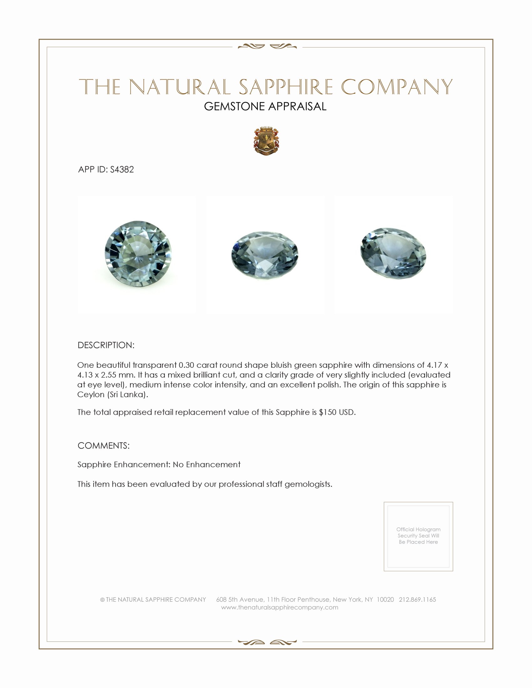 0.30 Ct. Bluish Green Sapphire from Ceylon (Sri Lanka)