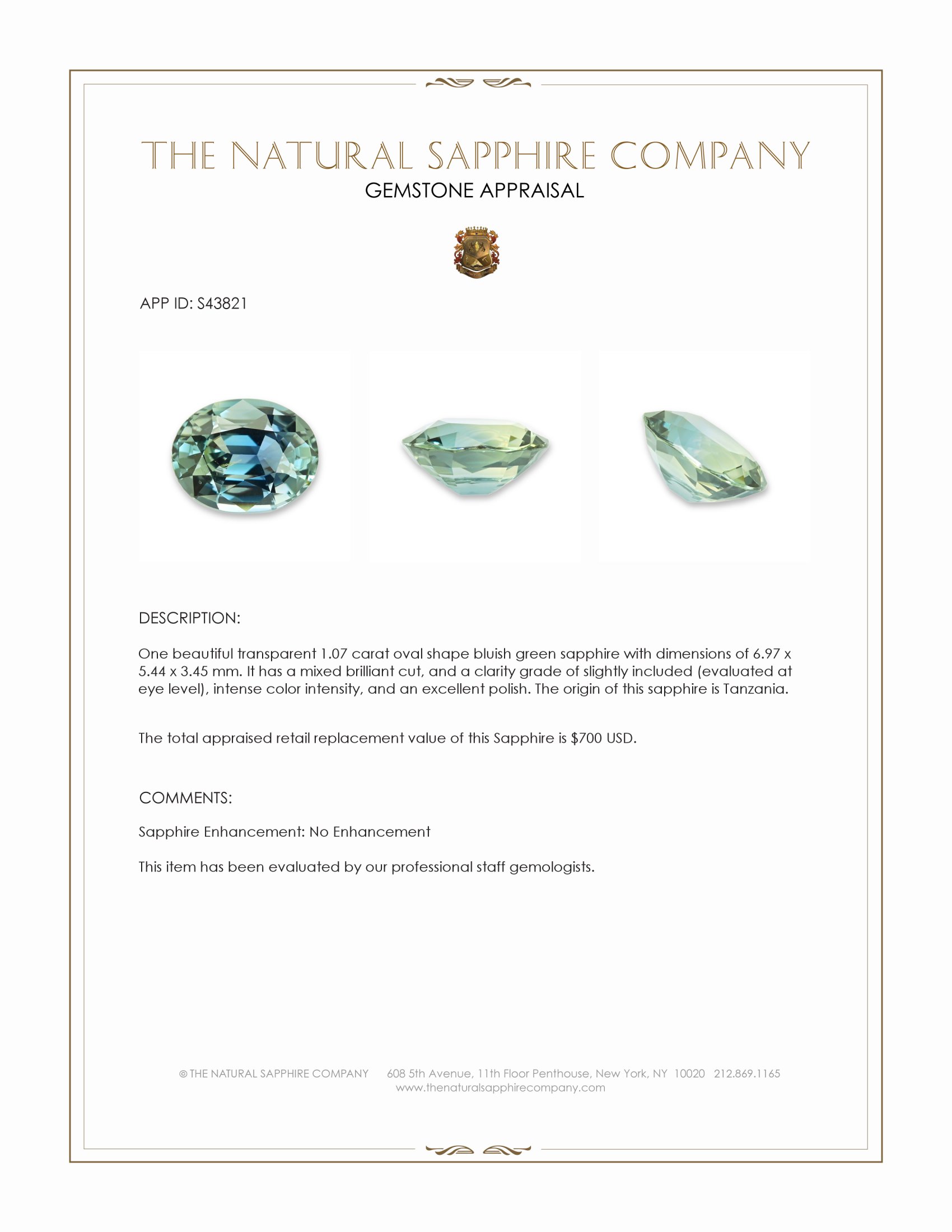 1.07 Ct. Bluish Green Sapphire from Tanzania