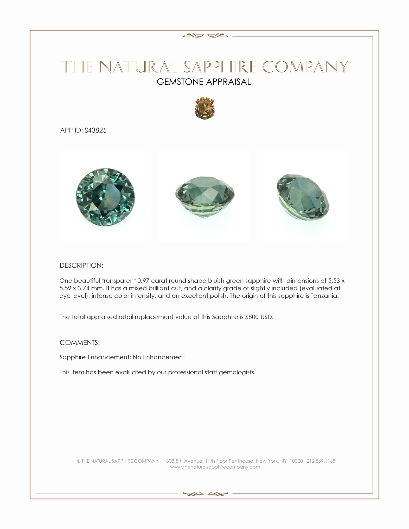 0.97 Ct. Bluish Green Sapphire from Tanzania
