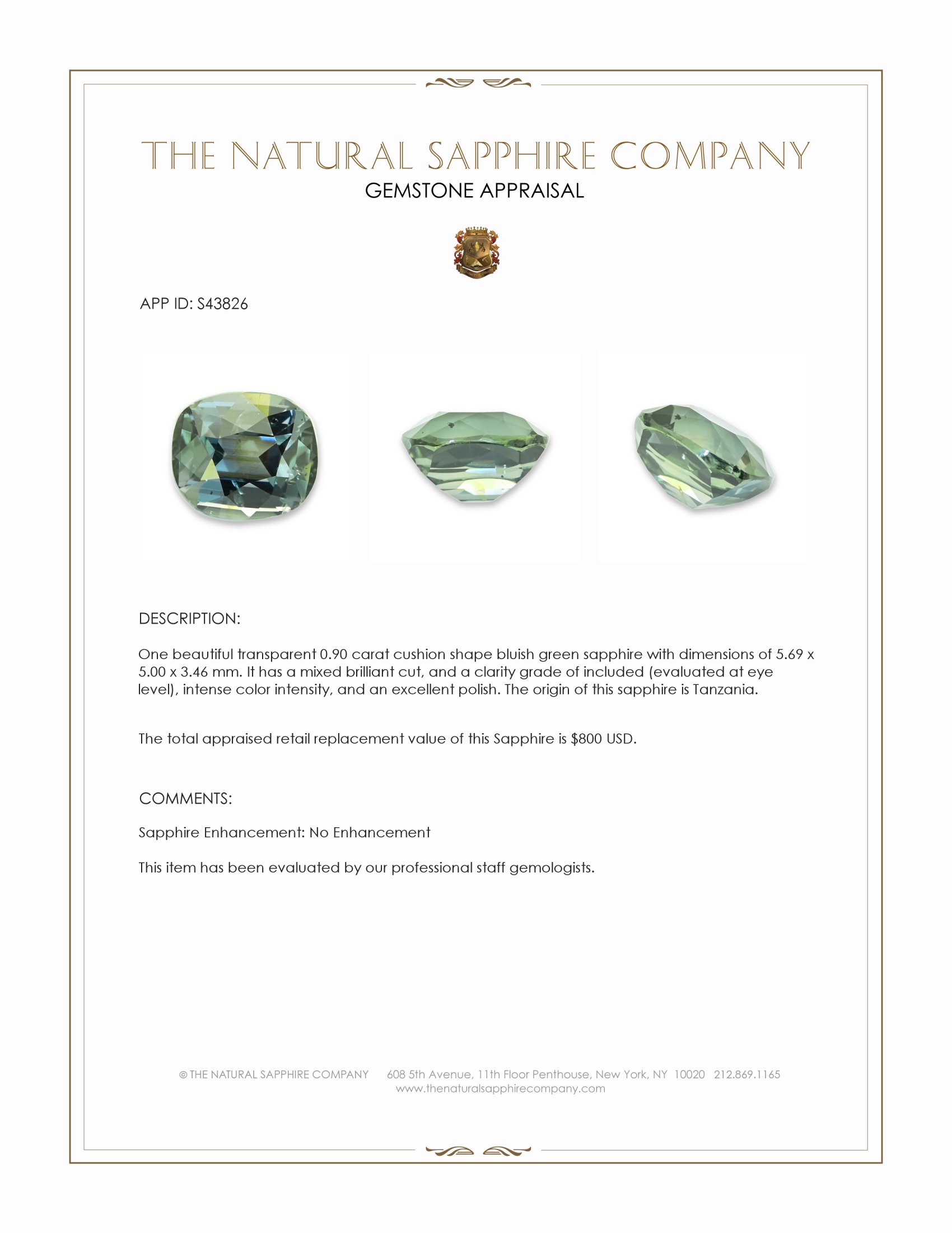 0.90 Ct. Bluish Green Sapphire from Tanzania