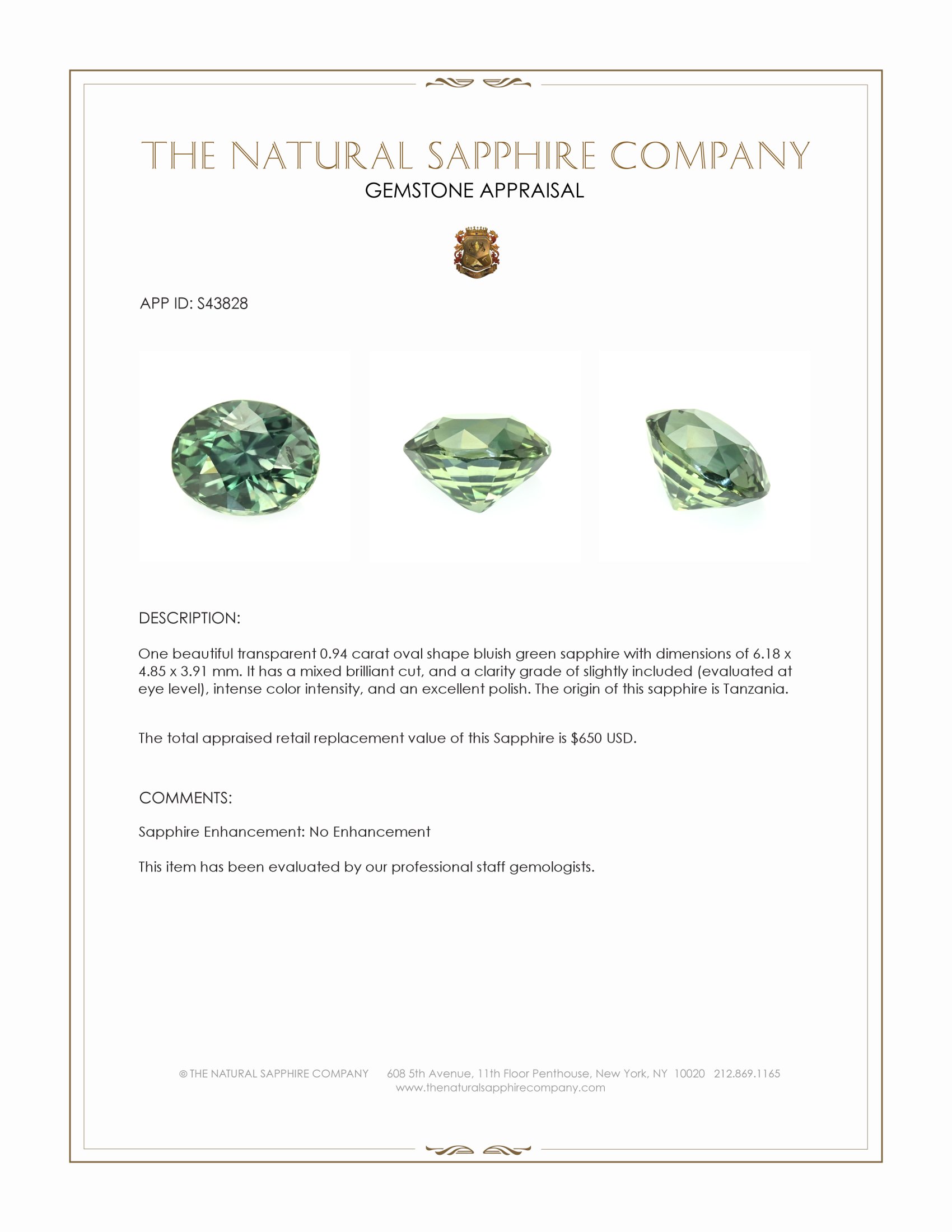 0.94 Ct. Bluish Green Sapphire from Tanzania
