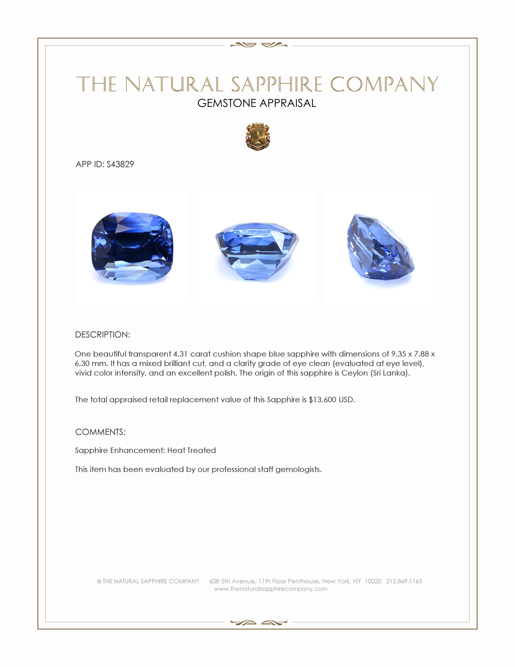 4.31 Ct. Blue Sapphire from Ceylon (Sri Lanka)