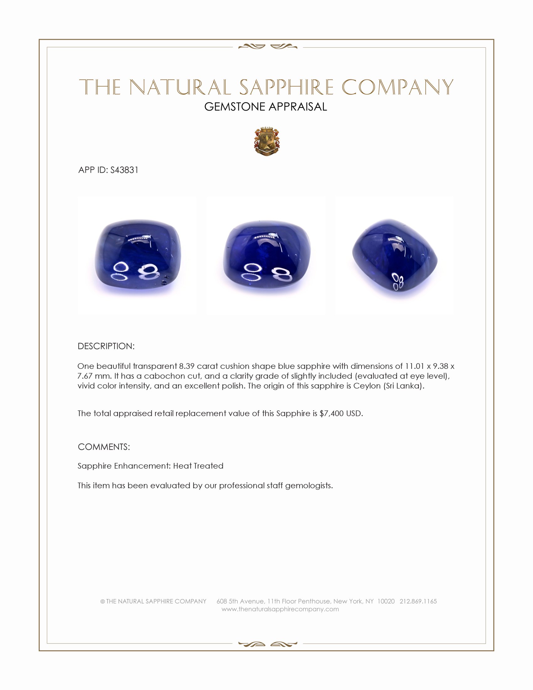 8.39 Ct. Blue Cabochon Sapphire from Ceylon (Sri Lanka)