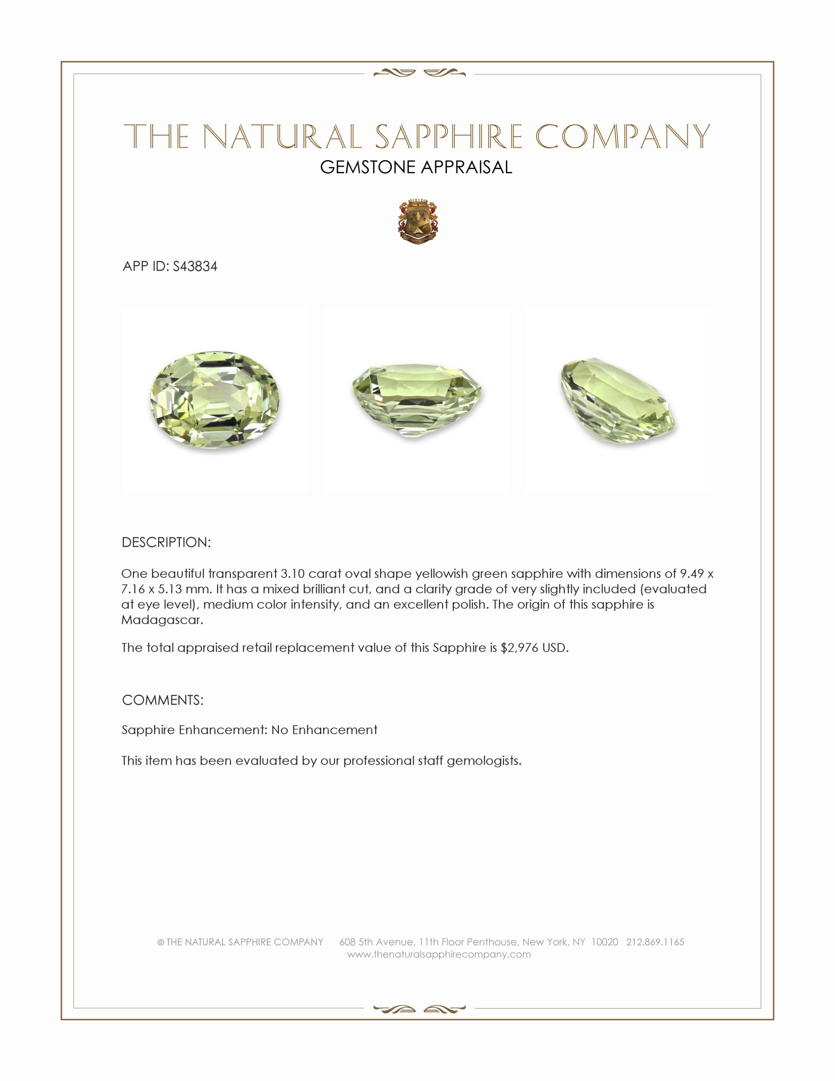 3.10 Ct. Yellowish Green Sapphire from Madagascar