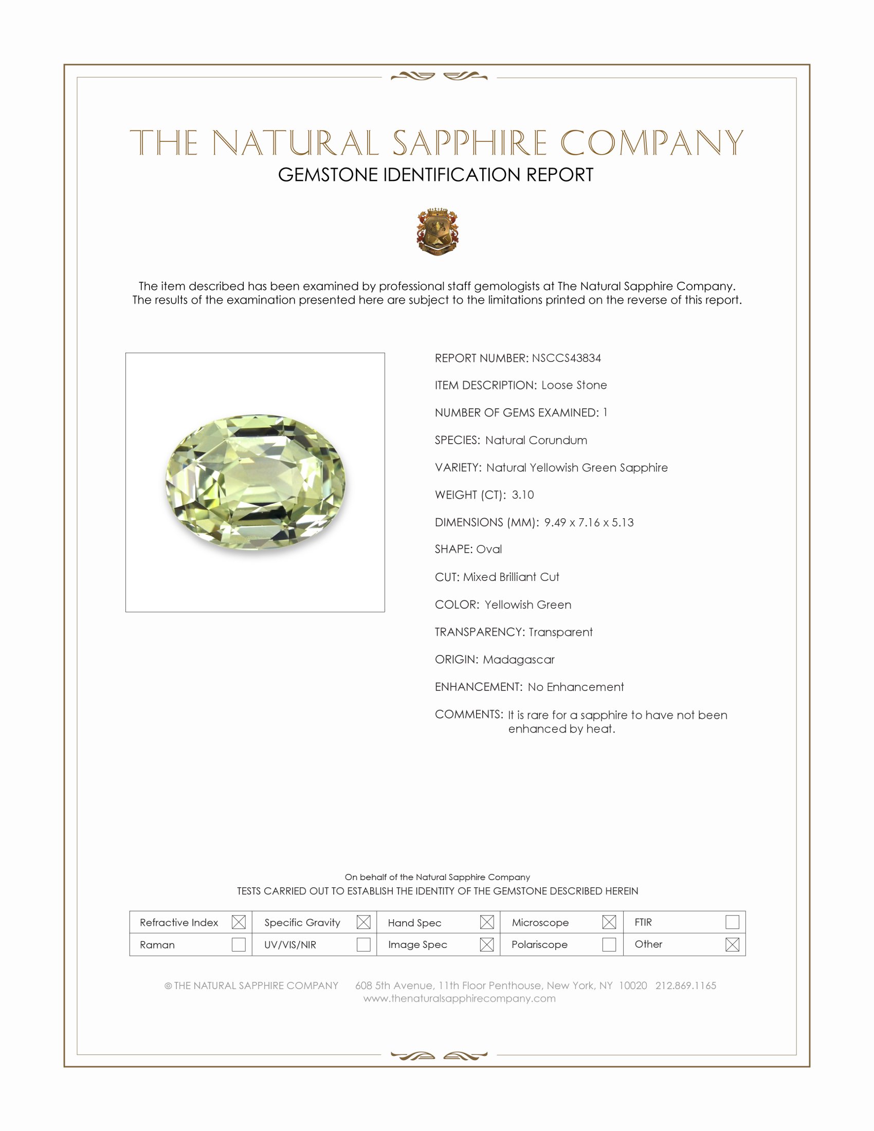3.10 Ct. Yellowish Green Sapphire from Madagascar