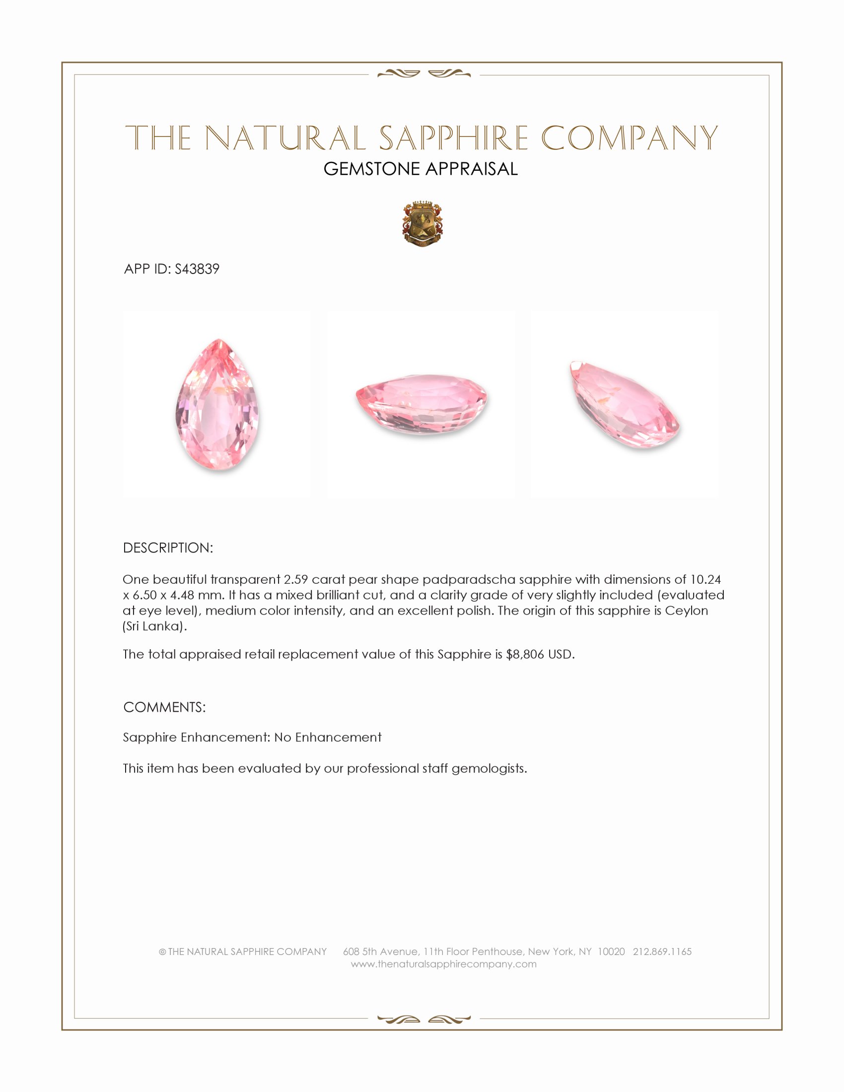 2.59 Ct. Padparadscha Sapphire from Ceylon (Sri Lanka)