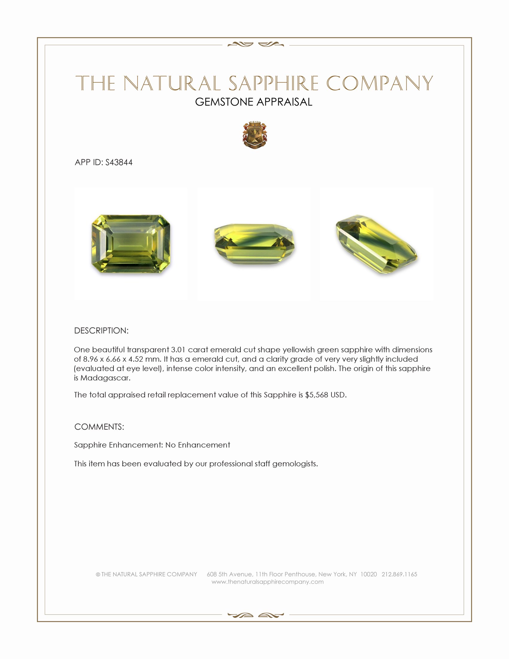 3.01 Ct. Yellowish Green Sapphire from Madagascar