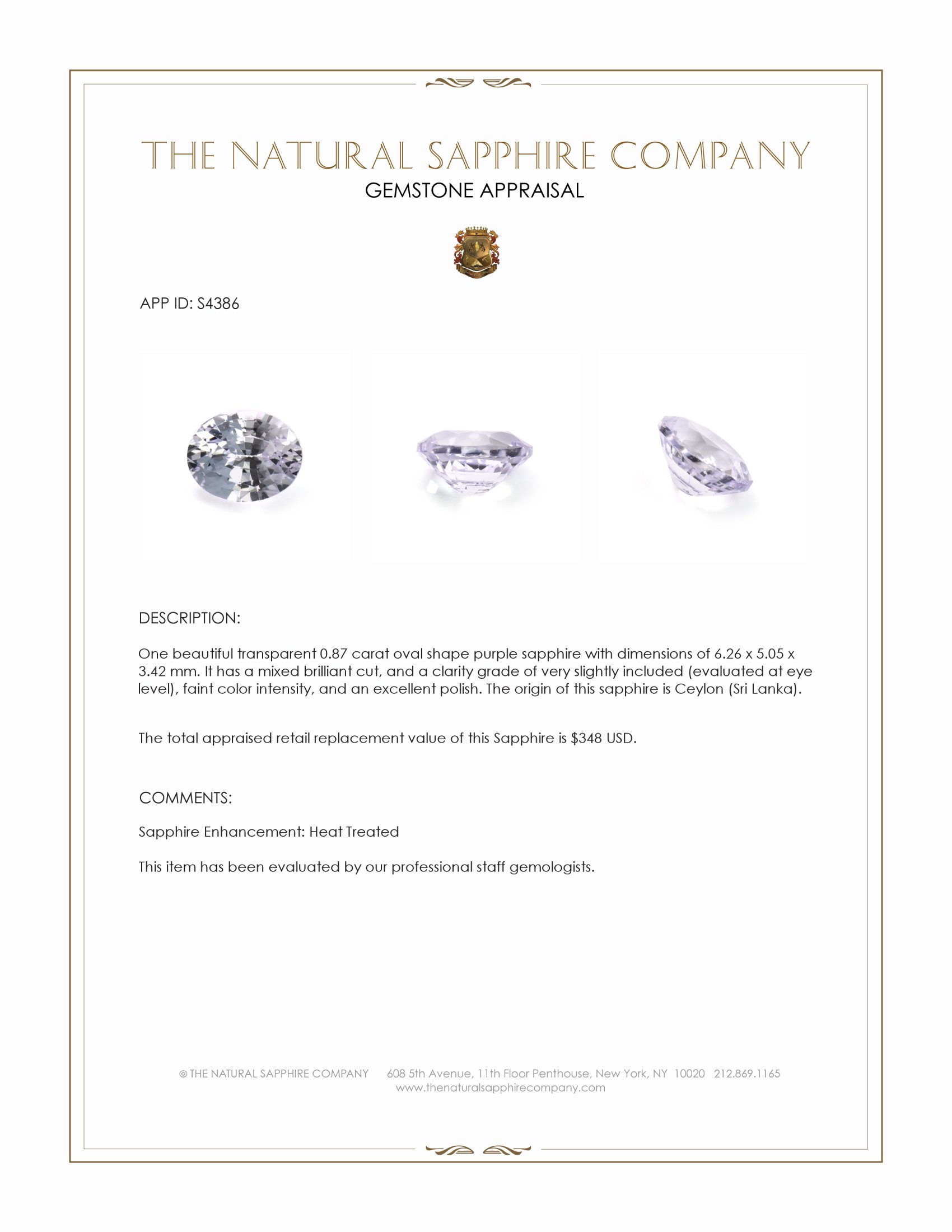 0.87 Ct. Purple Sapphire from Ceylon (Sri Lanka)