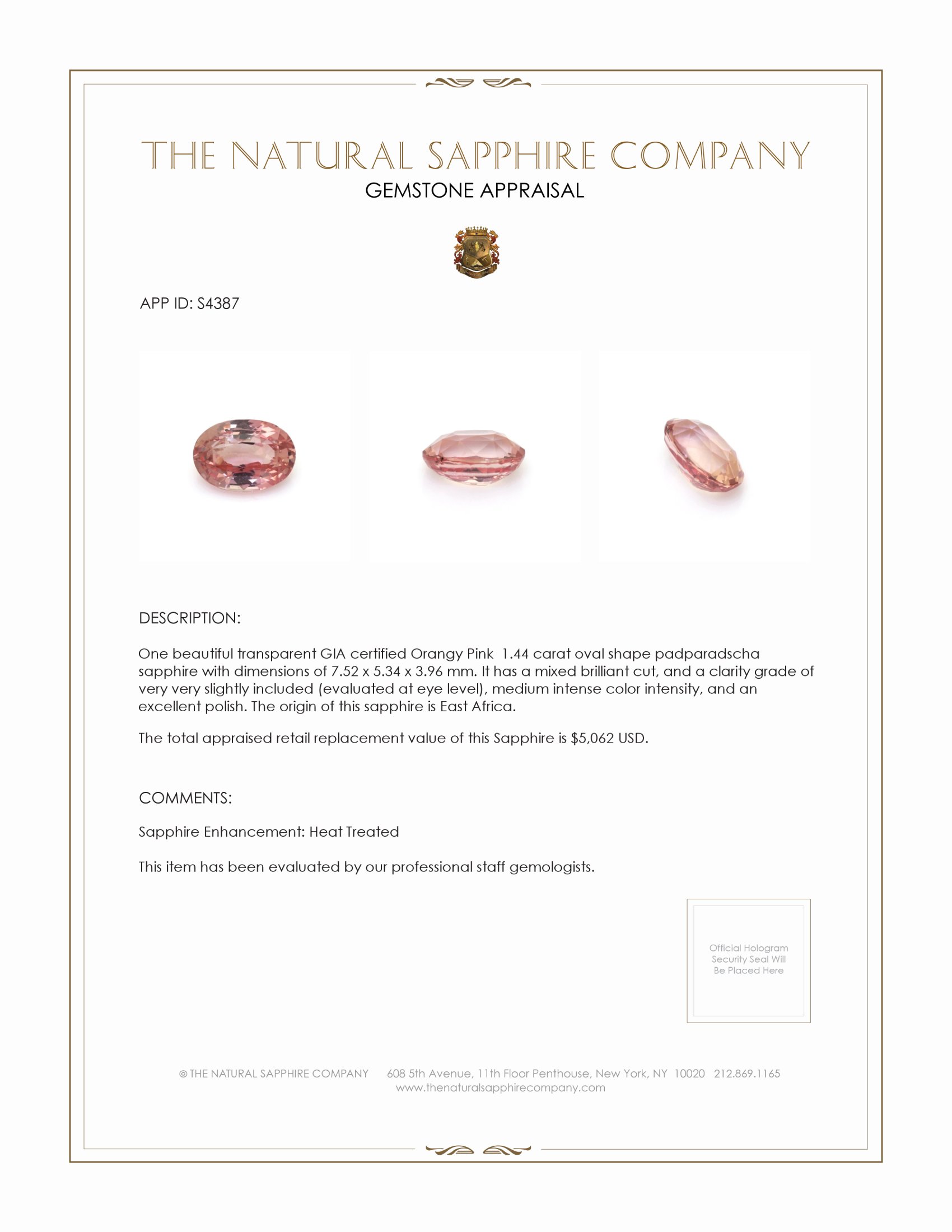 1.44 Ct. Padparadscha Sapphire from East Africa