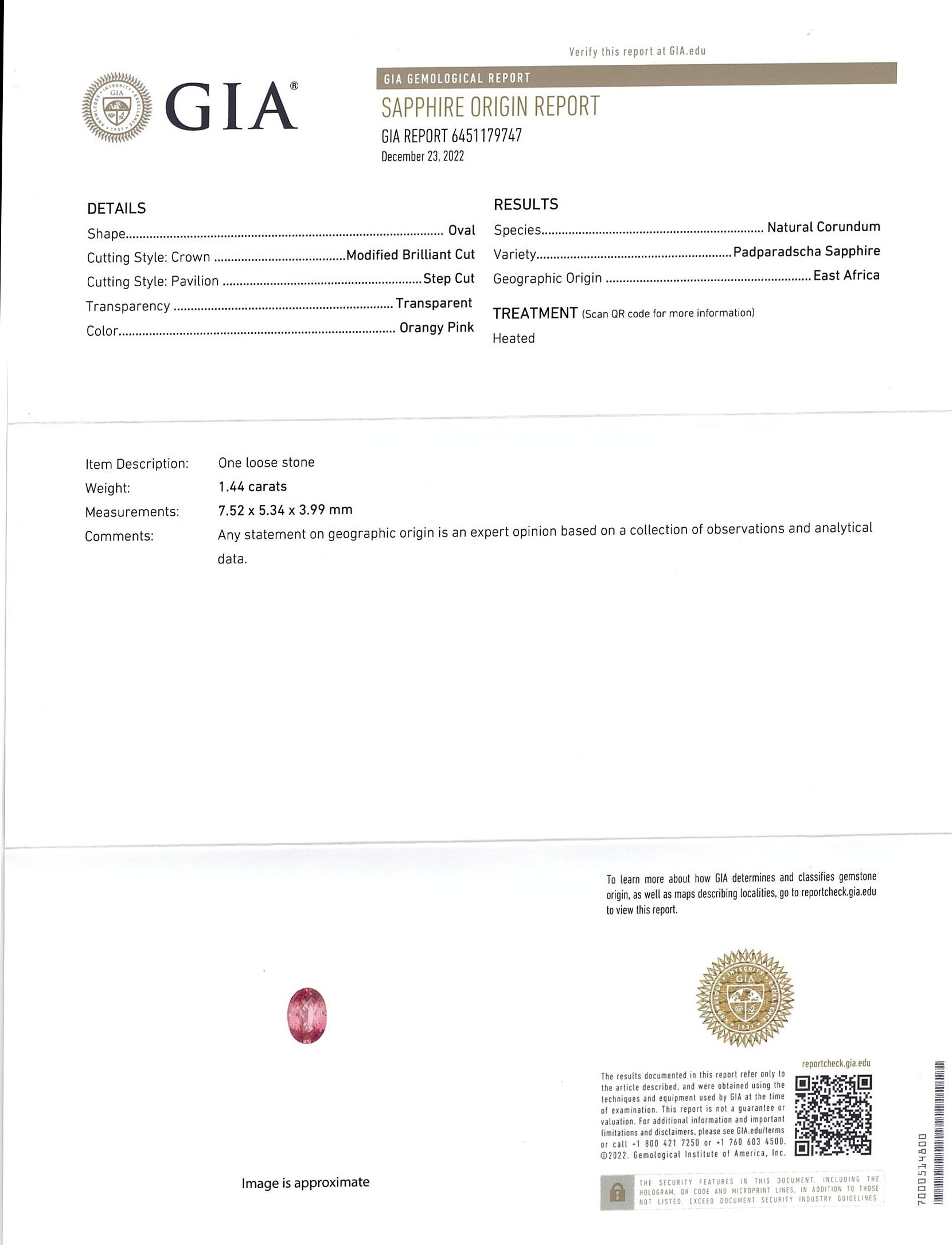 1.44 Ct. Padparadscha Sapphire from East Africa