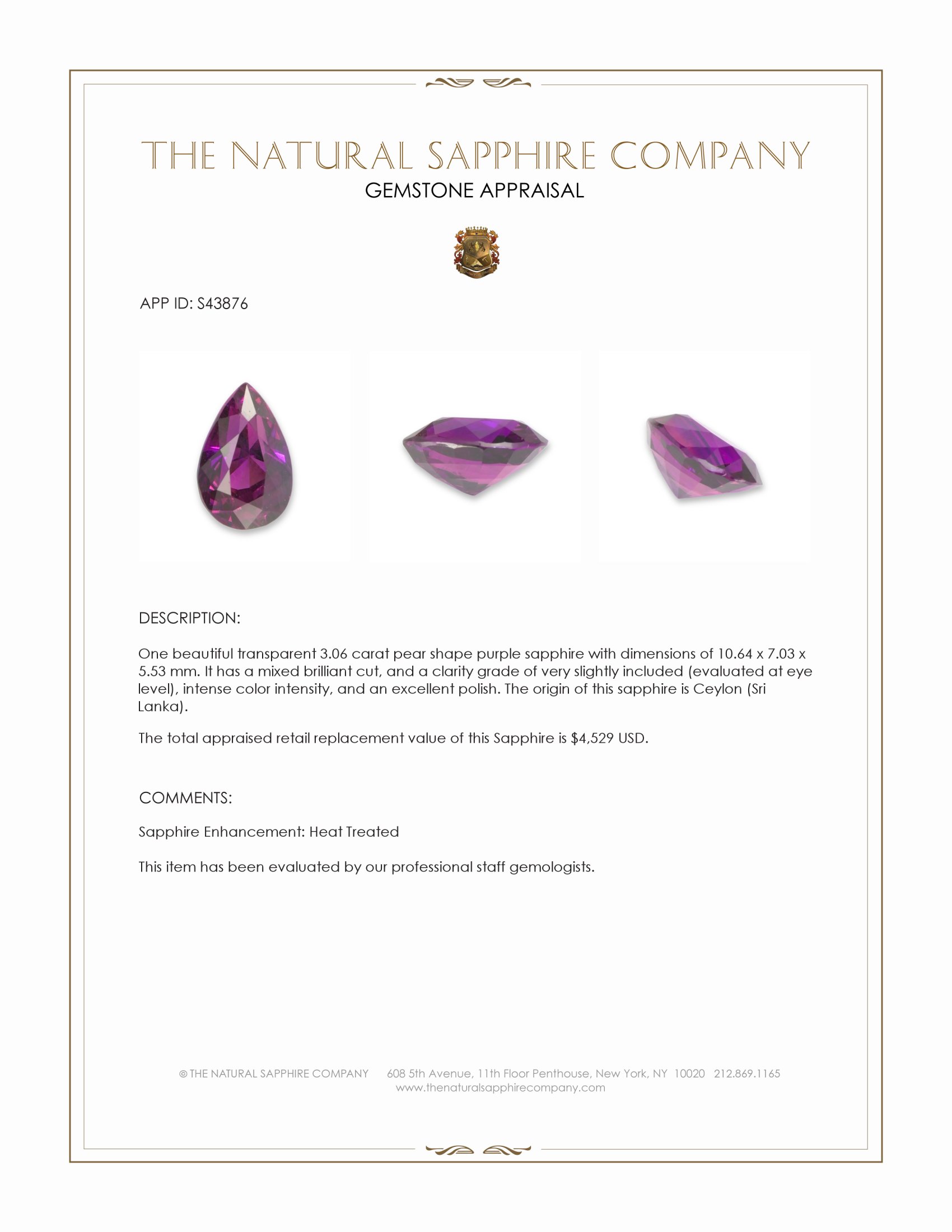 3.06 Ct. Purple Sapphire from Ceylon (Sri Lanka)
