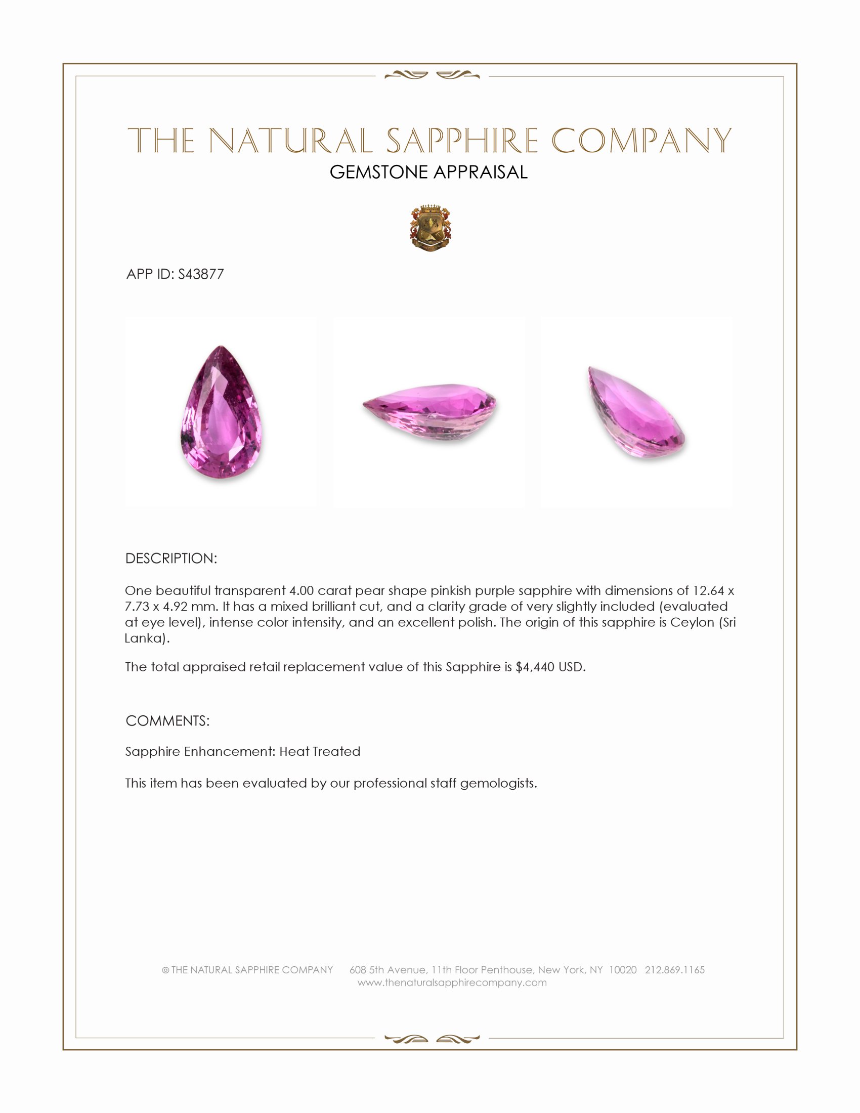 4.00 Ct. Pinkish Purple Sapphire from Ceylon (Sri Lanka)
