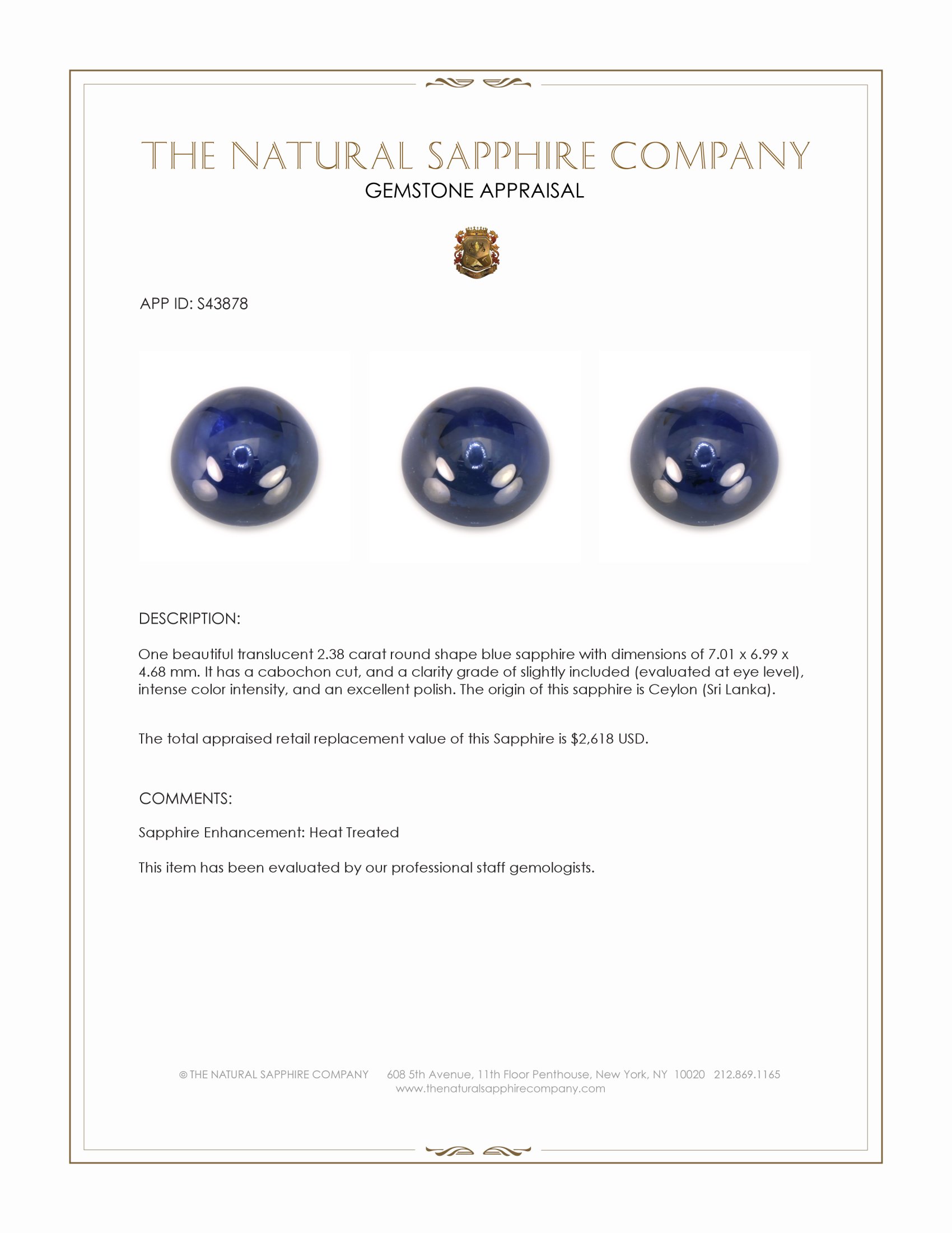 2.38 Ct. Blue Cabochon Sapphire from Ceylon (Sri Lanka)