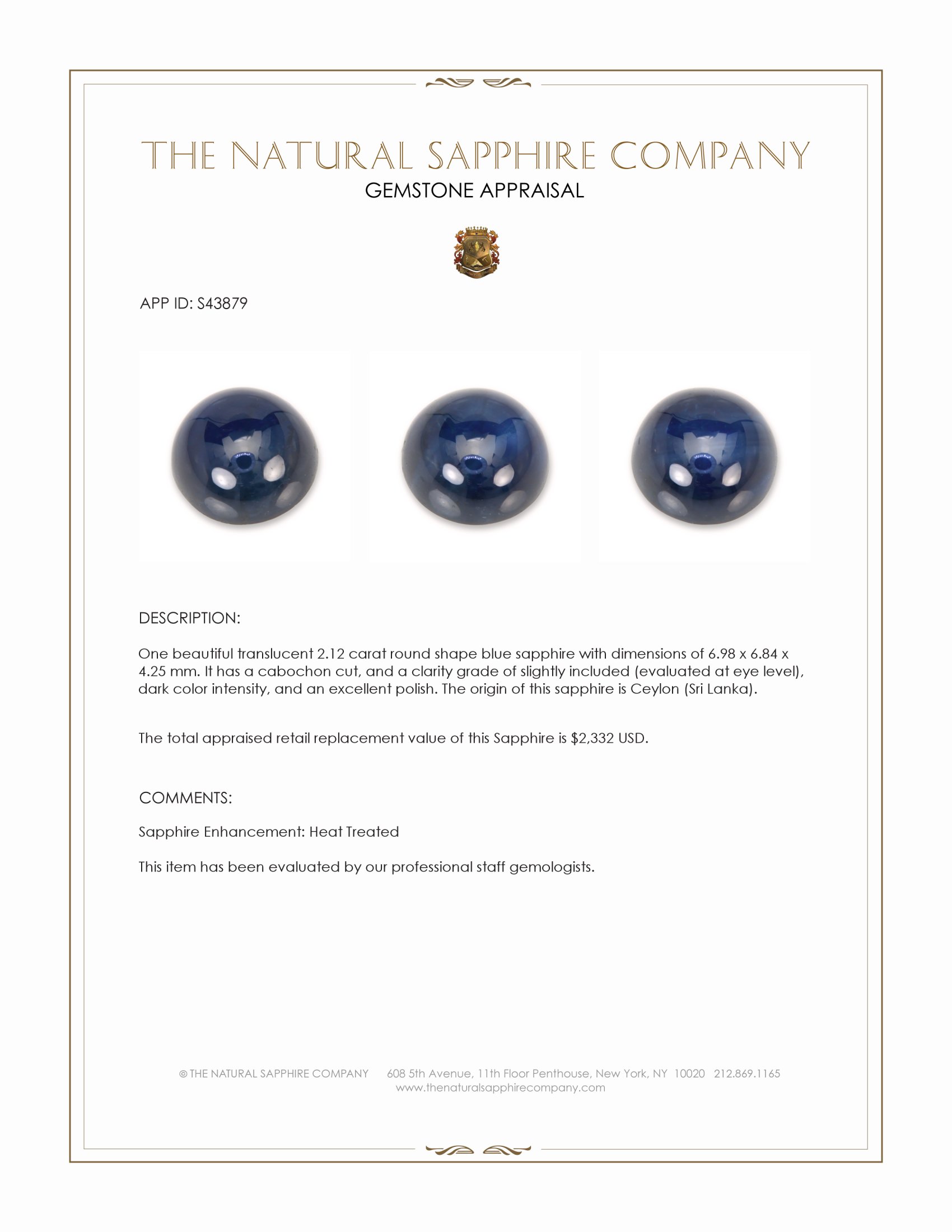 2.12 Ct. Blue Cabochon Sapphire from Ceylon (Sri Lanka)