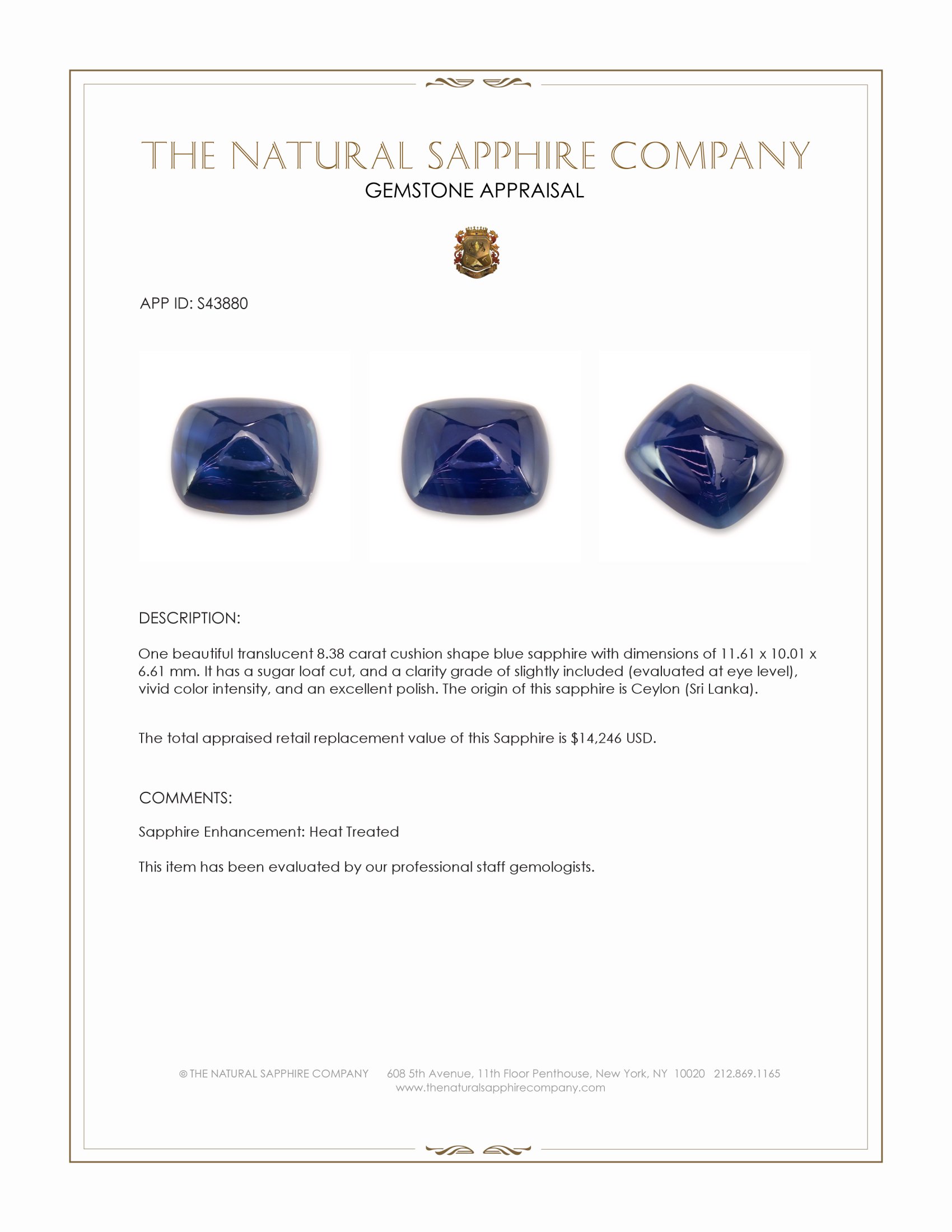 8.38 Ct. Blue Cabochon Sapphire from Ceylon (Sri Lanka)