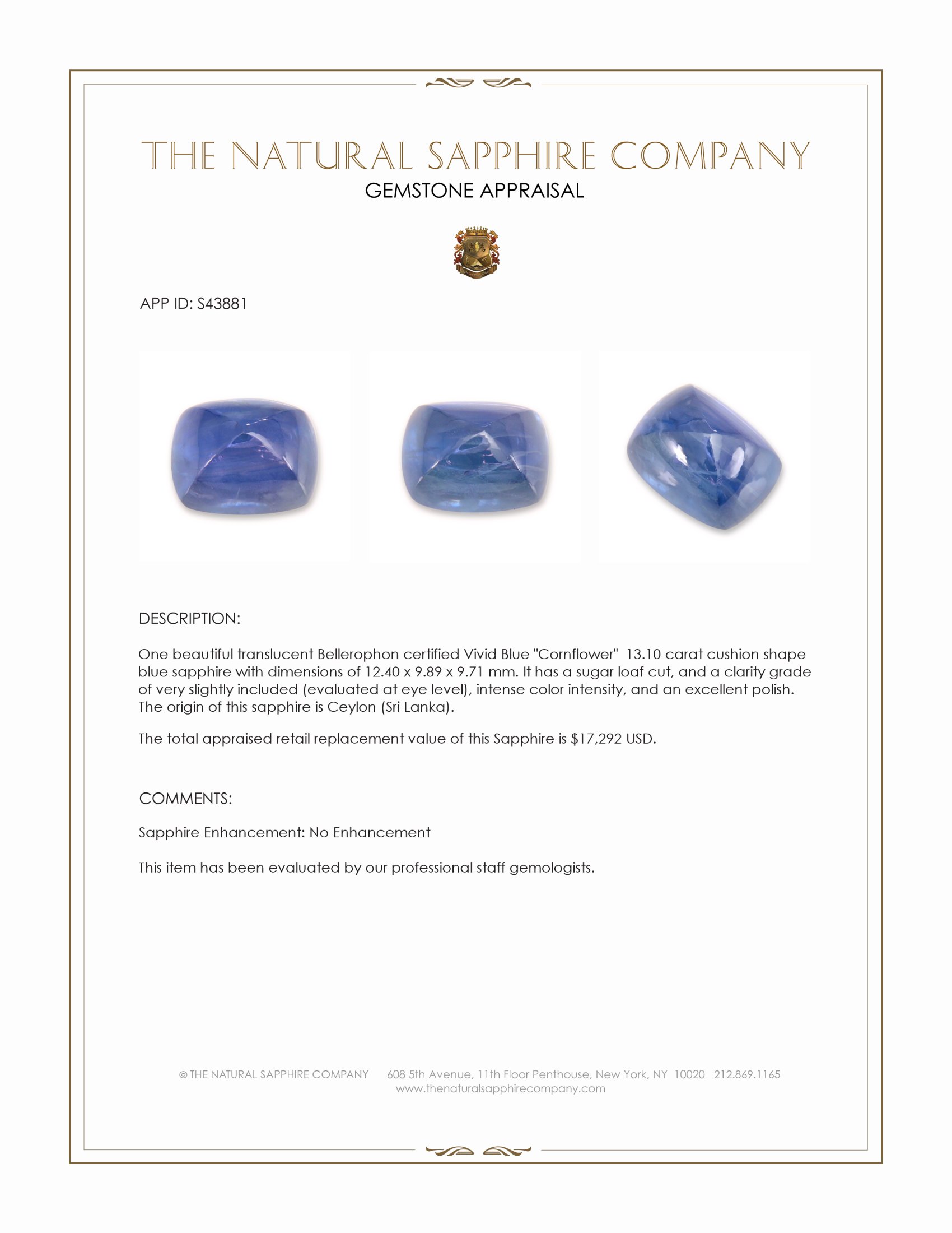 13.10 Ct. Blue Cabochon Sapphire from Ceylon (Sri Lanka)