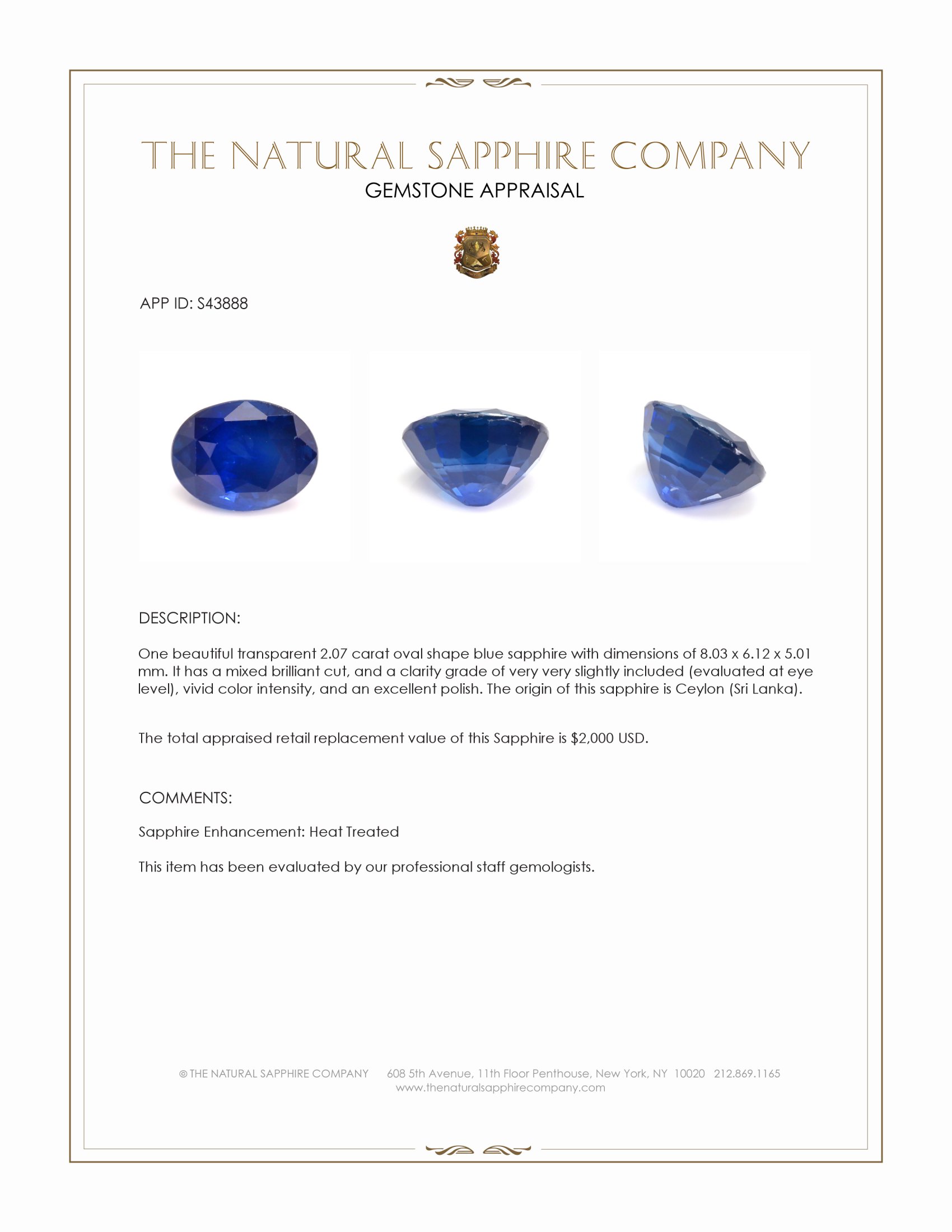 2.07 Ct. Blue Sapphire from Ceylon (Sri Lanka)