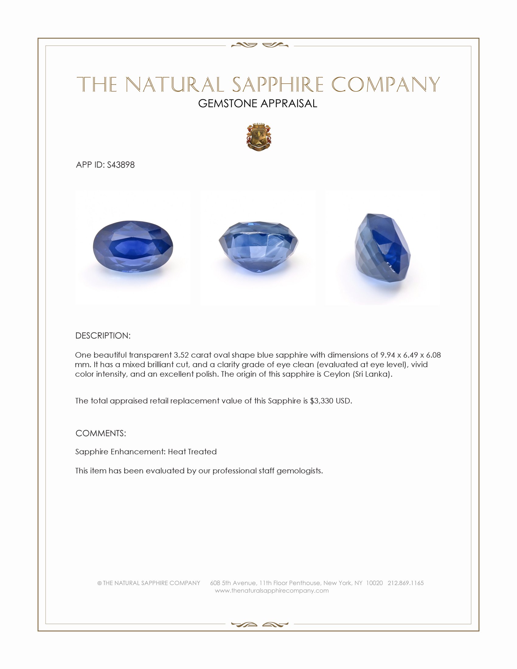 3.52 Ct. Blue Sapphire from Ceylon (Sri Lanka)