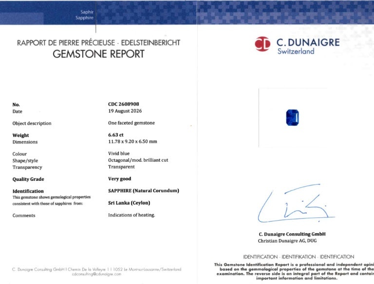 6.63 Ct. Blue Sapphire from Ceylon (Sri Lanka)