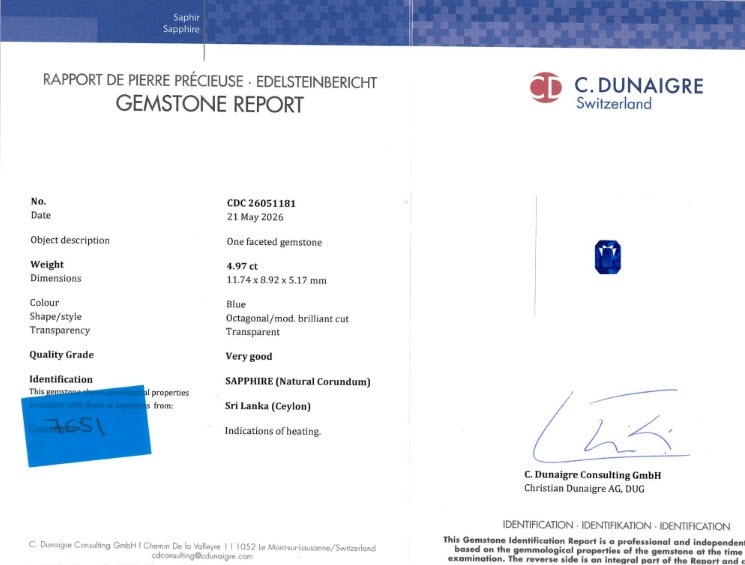 4.97 Ct. Blue Sapphire from Ceylon (Sri Lanka)