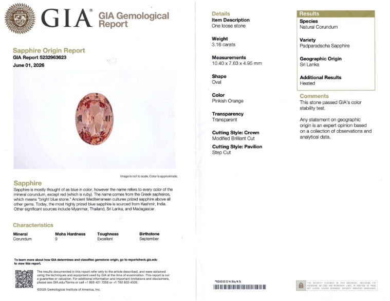 3.16 Ct. Padparadscha Sapphire from Ceylon (Sri Lanka)