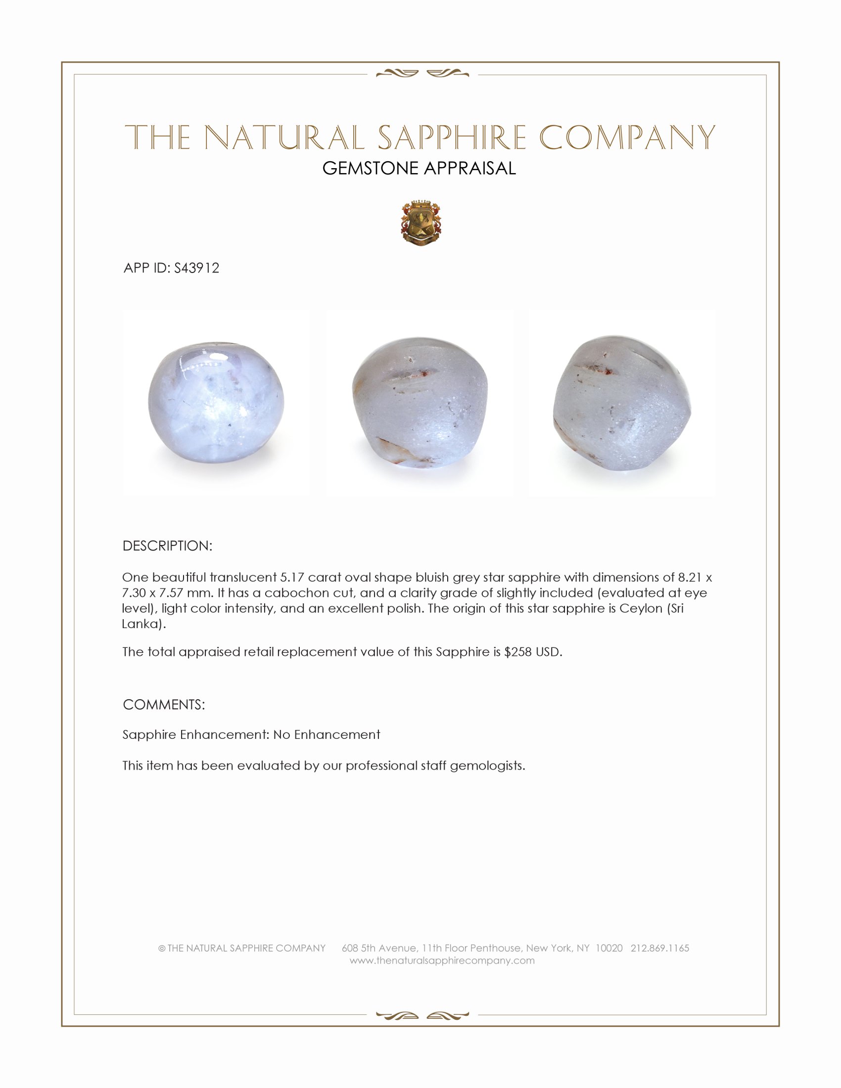 5.17 Ct. Bluish Grey Star Sapphire from Ceylon (Sri Lanka)