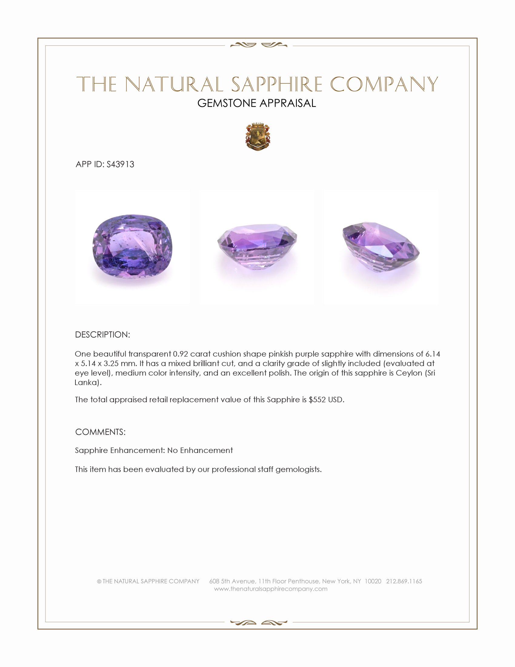 0.92 Ct. Pinkish Purple Sapphire from Ceylon (Sri Lanka)