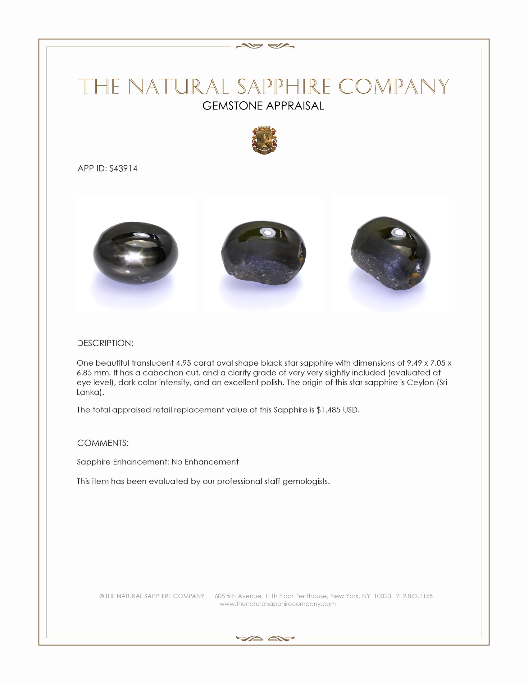 4.95 Ct. Black Star Sapphire from Ceylon (Sri Lanka)